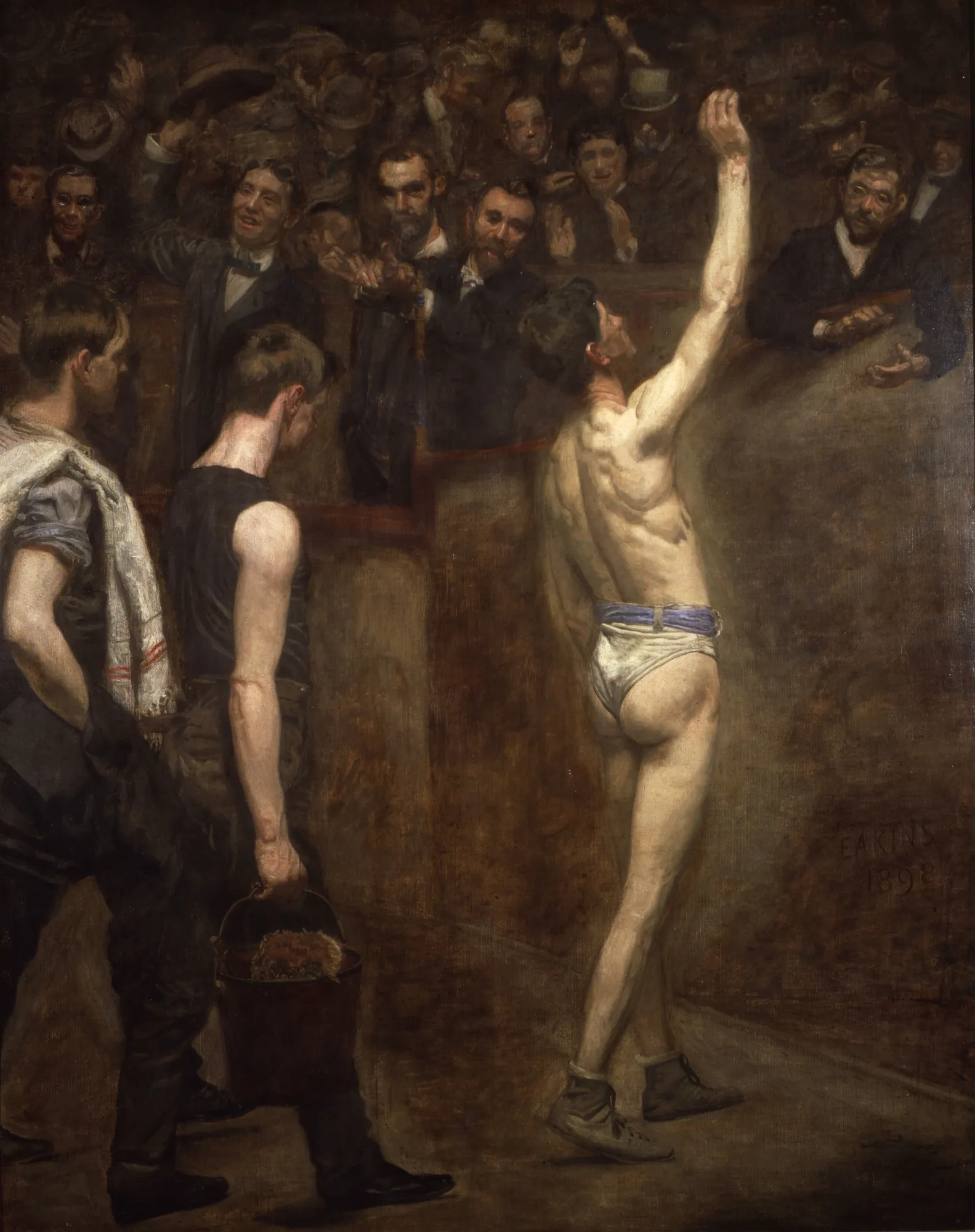 Salutat Salutat by Thomas Eakins. A boxer in white trunks raises his hand to acknowledge a cheering crowd as he is led away by two trainers.
