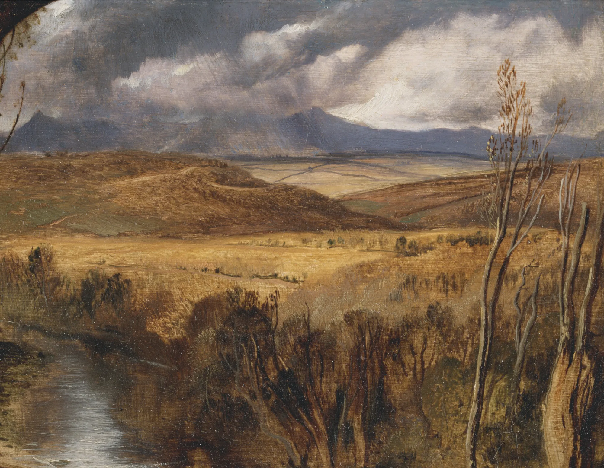 A Highland Landscape A Highland Landscape by Edwin Landseer. A wide view of a Scottish highland landscape featuring a winding river in the foreground under a dramatic, cloud-filled sky and distant blue mountains.