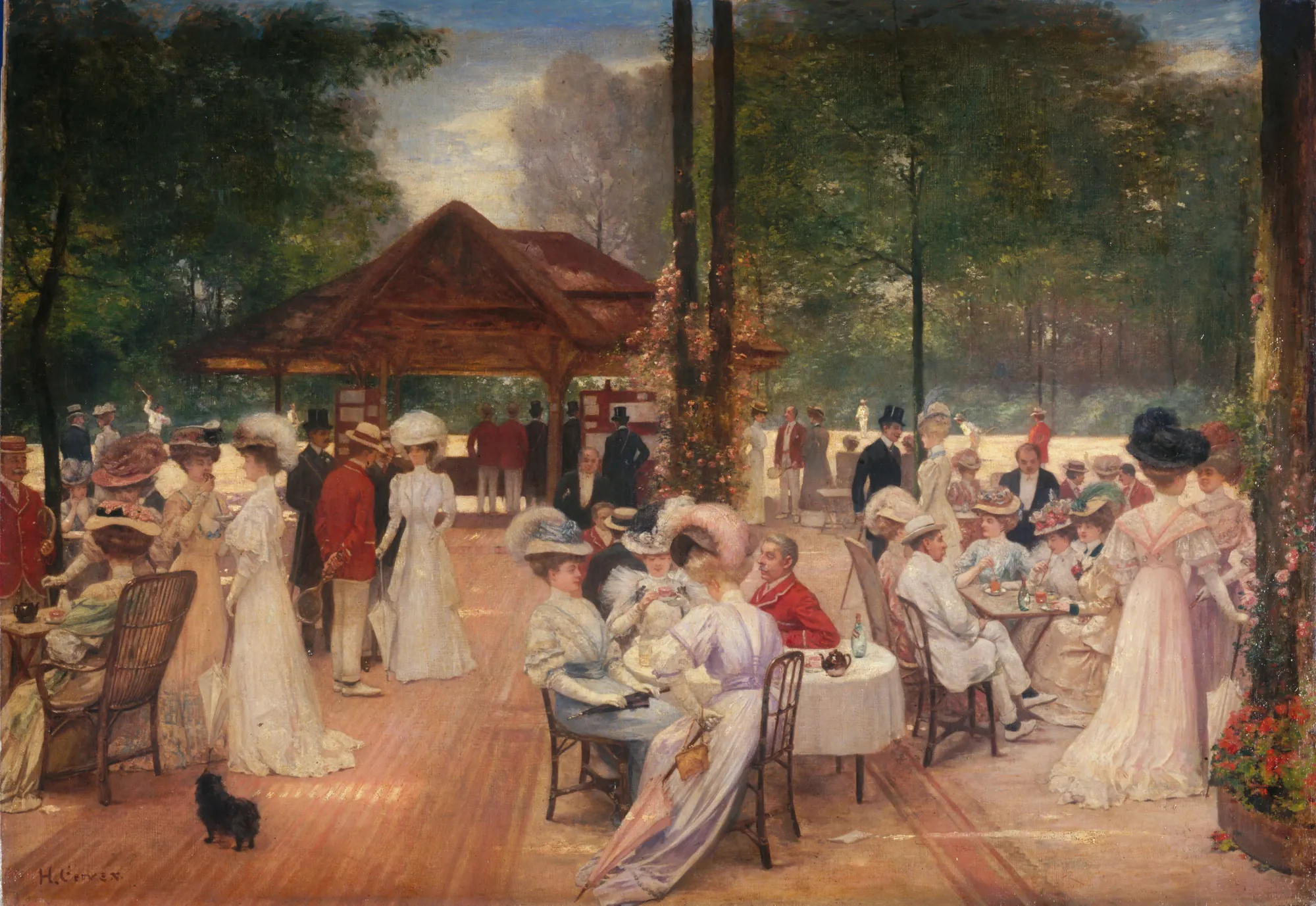 Le Cercle de l'île de Puteaux Le Cercle de l'île de Puteaux by Henri Gervex. An outdoor scene at a social club on an island, featuring numerous elegantly dressed men and women in early 20th-century attire gathered around tables and under a wooden pavilion.