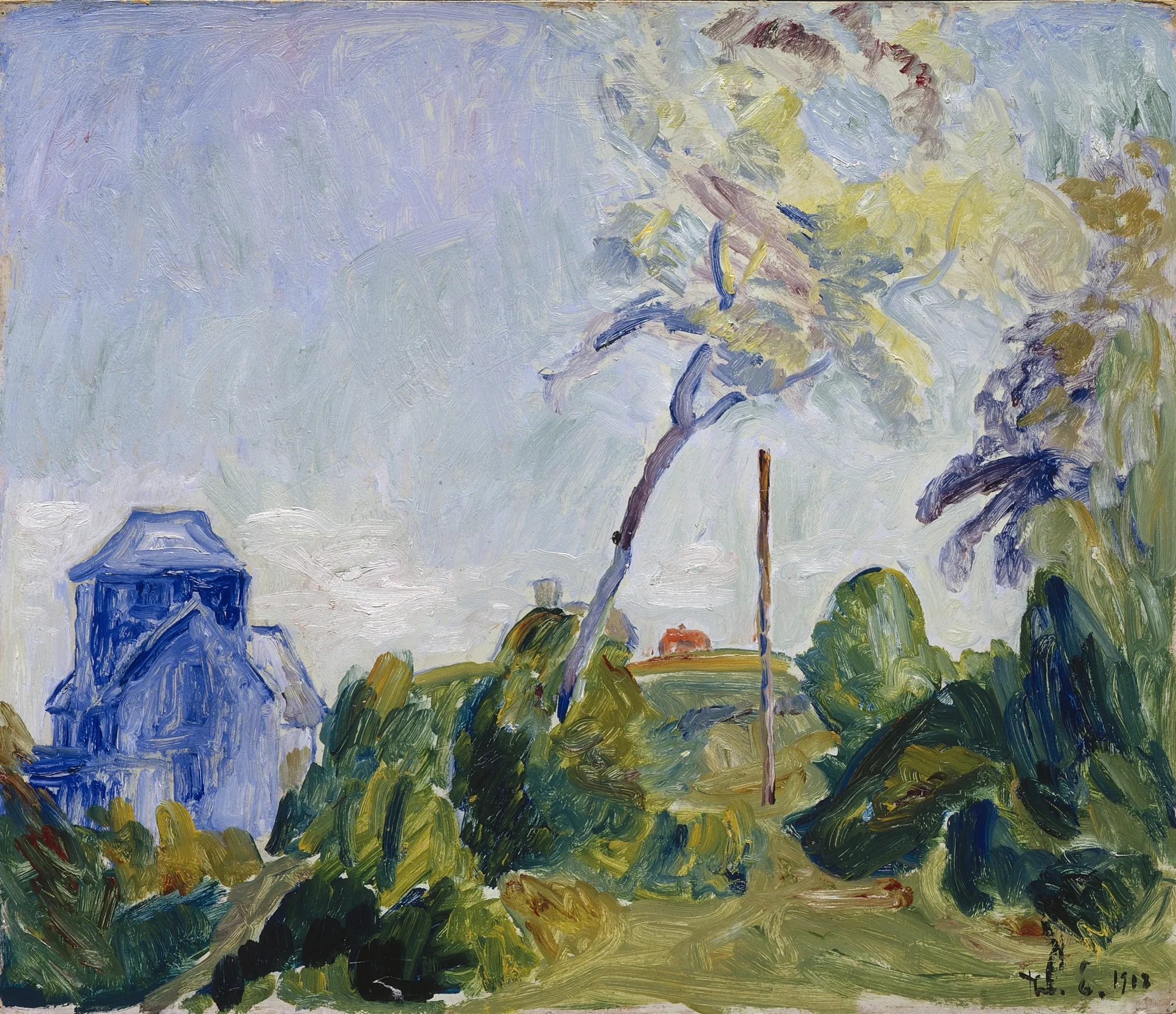 Fra Arildsläge, Skåne Fra Arildsläge, Skåne by Thorvald Erichsen. An expressive landscape painting featuring a vibrant blue house nestled among gestural green trees under a pale, textured sky.
