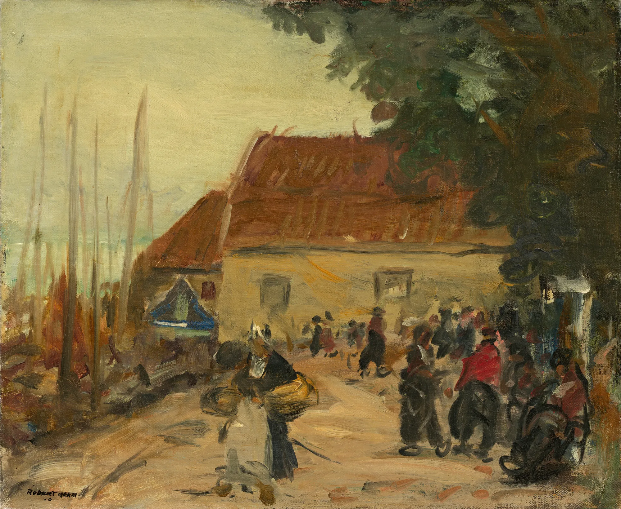 Volendam Street Scene Volendam Street Scene by Robert Henri. A lively street scene in Volendam with figures in traditional Dutch attire gathered before a village building.