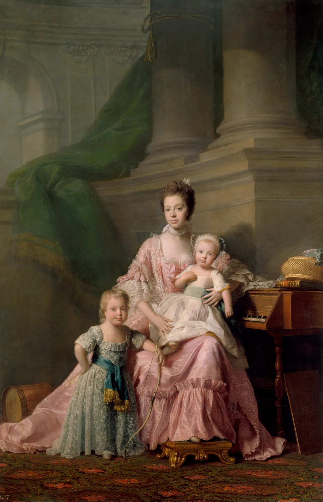 Queen Charlotte with her Two Eldest Sons Queen Charlotte with her Two Eldest Sons by Allan Ramsay. A grand royal portrait of Queen Charlotte seated in a pink gown with her two young sons amidst classical architecture and musical instruments.