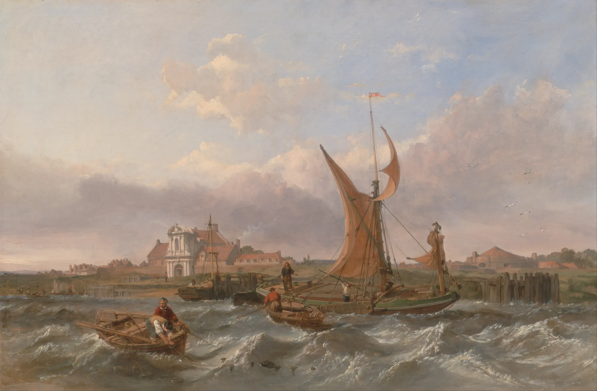 Tilbury Fort: Wind Against the Tide Tilbury Fort: Wind Against the Tide by Clarkson Frederick Stanfield. A large sailing vessel and several smaller boats navigate choppy, white-capped waters near a shore featuring the stone architecture of Tilbury Fort.