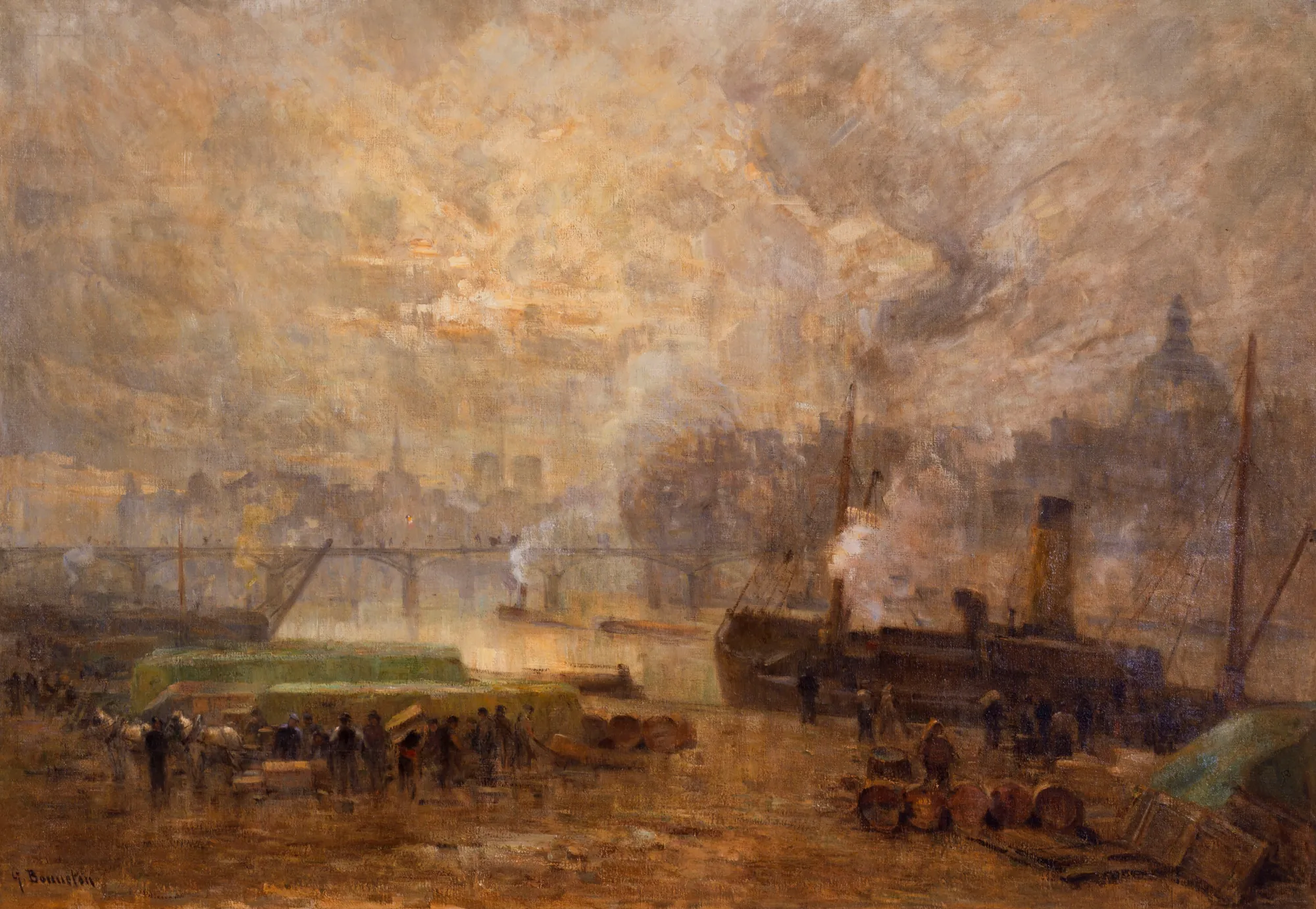 La Seine au port Saint-Nicolas La Seine au port Saint-Nicolas by Germain Eugène Bonneton. A moody, atmospheric painting of the Seine river in Paris, featuring industrial barges, figures on the dock, and a bridge under a clouded sky.