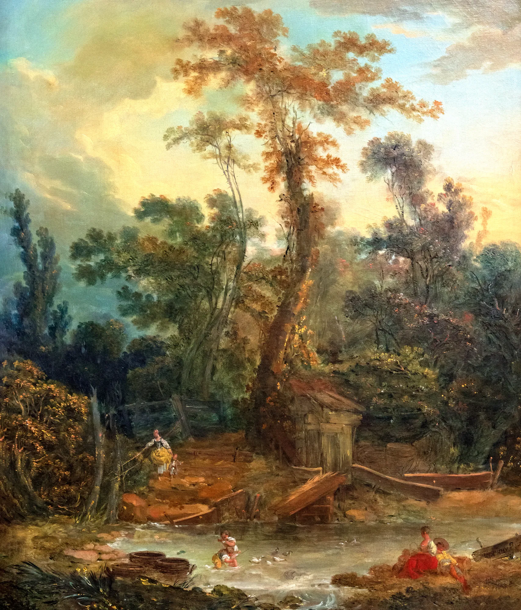 Country Landscape with Children Playing in a Duck Pond