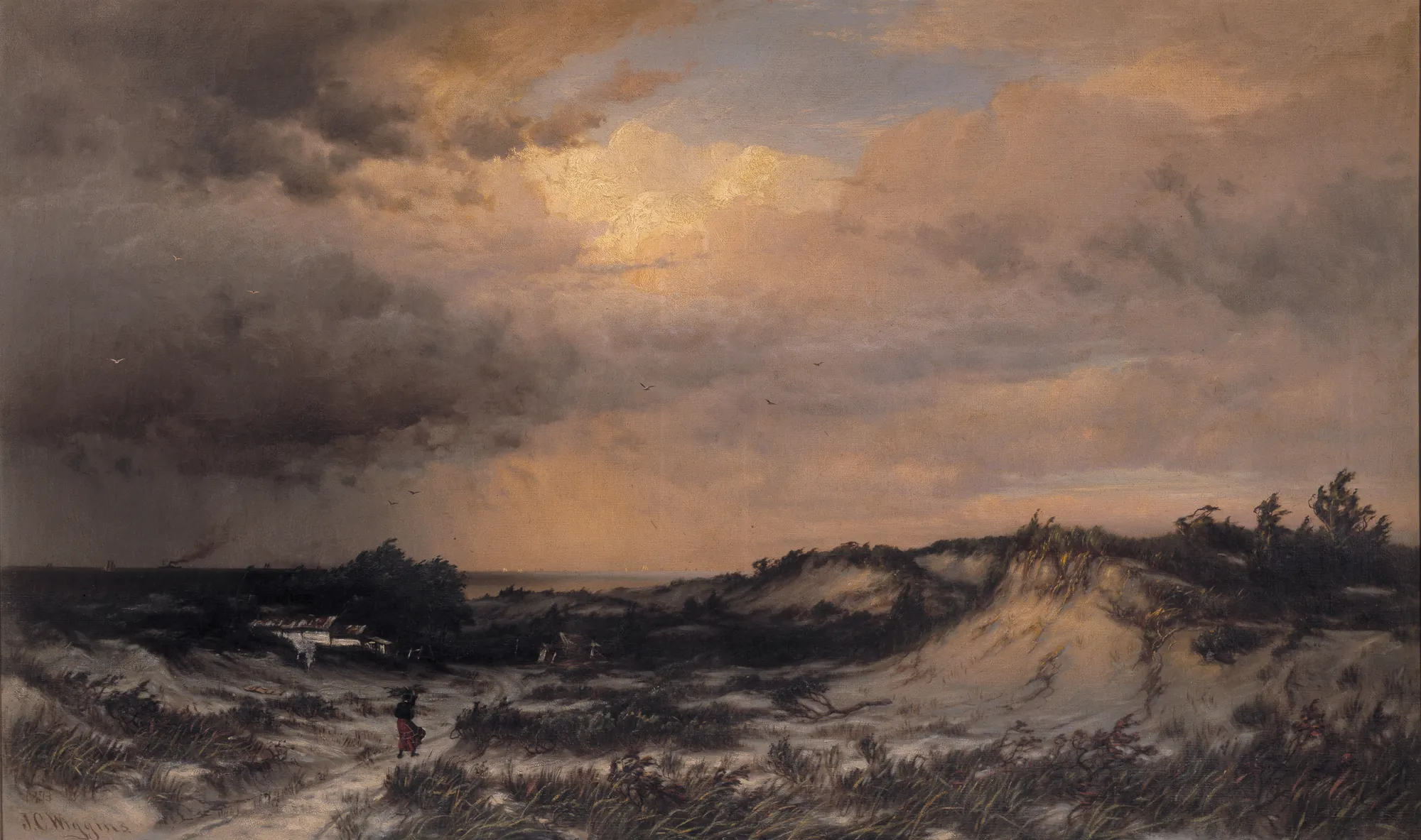 Sand Dunes, Coney Island Sand Dunes, Coney Island by Carleton Wiggins. A dramatic landscape of windswept sand dunes under a heavy, storm-laden sky with a central break of golden light.