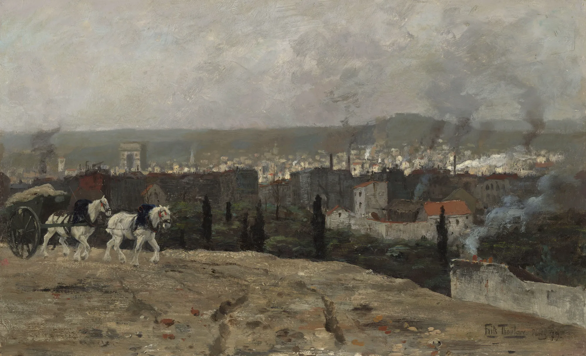 Parisian View Parisian View by Frits Thaulow. A distant panoramic view of 19th-century Paris with white horses pulling a cart across a foreground ridge.