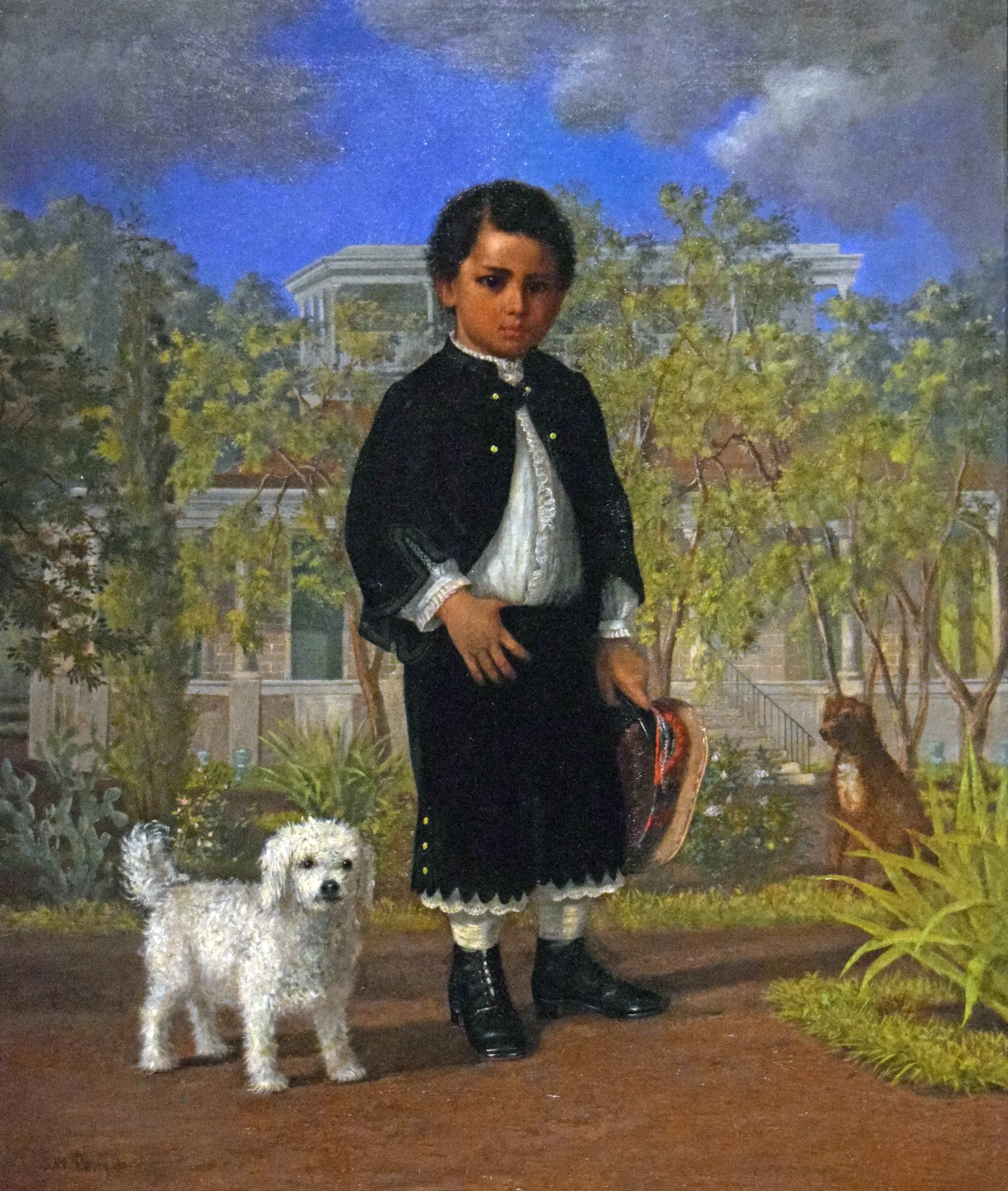 The Prince of Hawaii The Prince of Hawaii by Enoch Wood Perry, Jr.. A formal oil portrait of a young boy in a black suit standing in a garden with two dogs in front of a colonial estate.