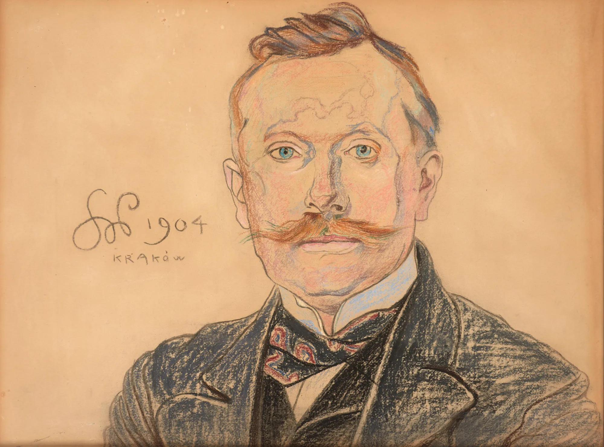 Portrait of Dr. Jan Raczyński Portrait of Dr. Jan Raczyński by Stanisław Wyspiański. A pastel portrait of a man with blue eyes and a prominent mustache, wearing a dark coat and patterned cravat.