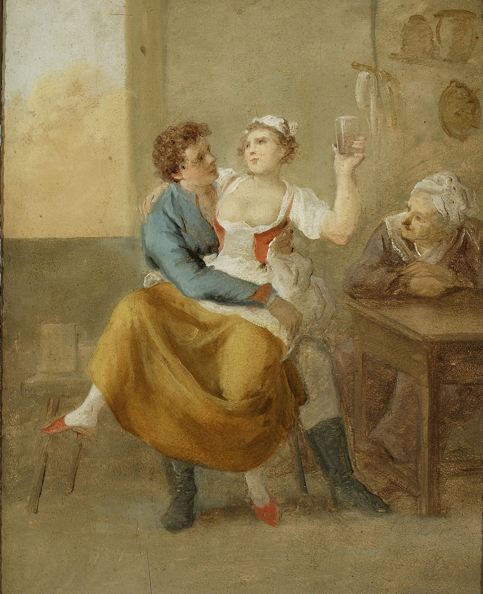 Scene at the Inn Scene at the Inn by Aleksander Orłowski. A man and woman sit together in a rustic tavern interior while an older observer watches from a wooden table.