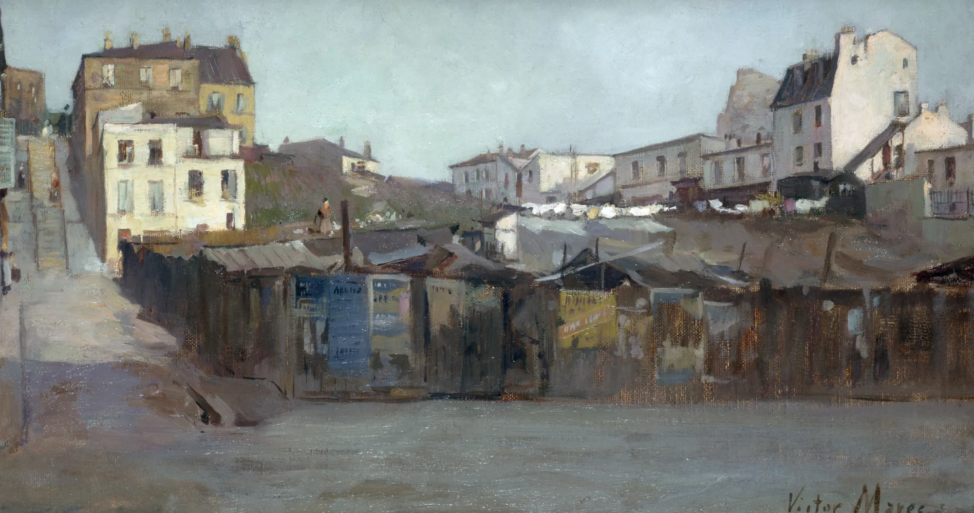Le Boulevard de la Villette Le Boulevard de la Villette by Victor Marec. An early 20th-century oil painting of a Parisian boulevard featuring multi-story buildings, street posters, and a wide thoroughfare under a gray, overcast sky.