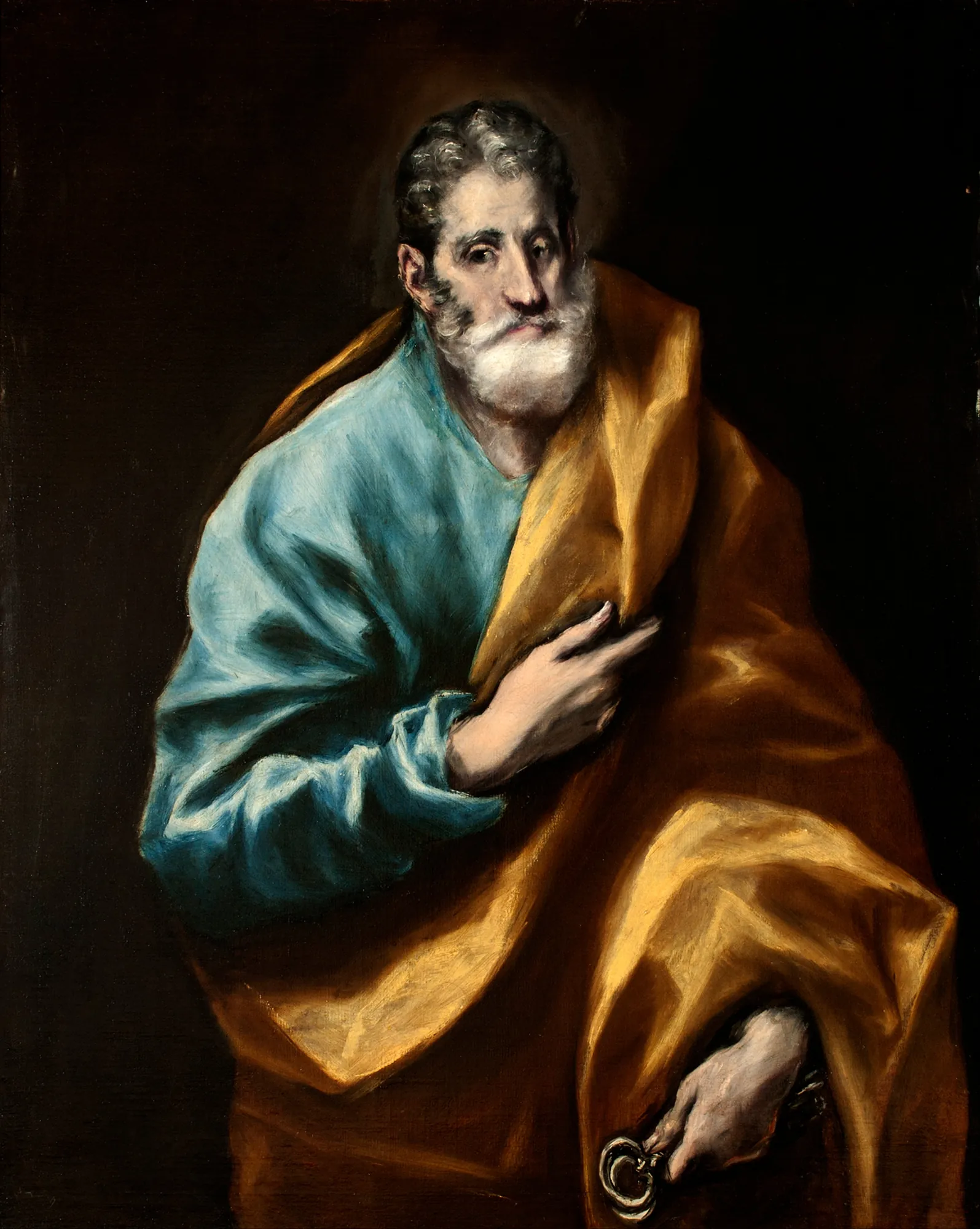Apostle Saint Peter Apostle Saint Peter by El Greco. A half-length portrait of an elderly bearded man in a blue tunic and yellow cloak holding keys against a dark background.