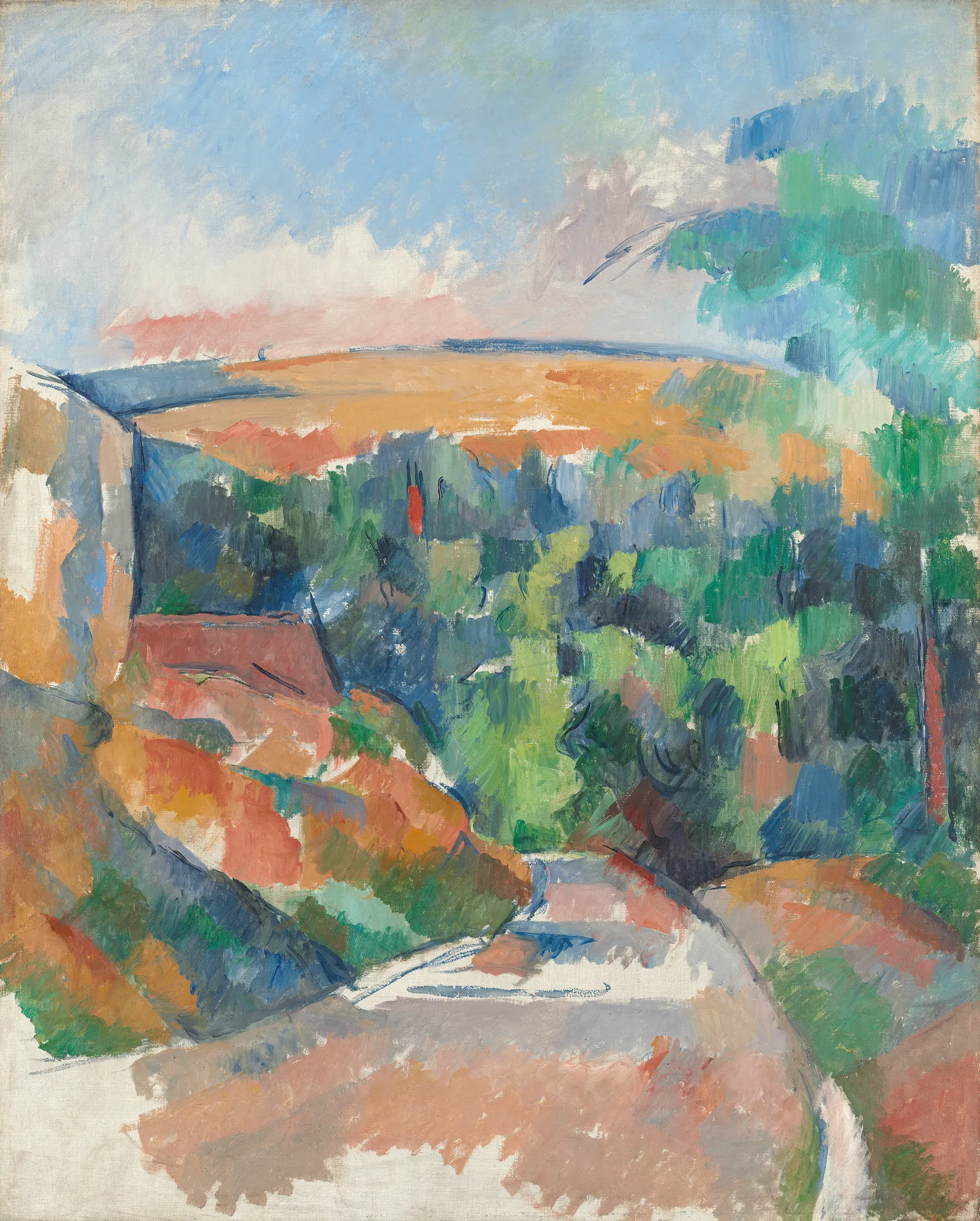 The Bend in the Road The Bend in the Road by Paul Cézanne. An Impressionist landscape painting depicting a sun-drenched road winding through a lush green and ochre-toned countryside under a pale blue sky.