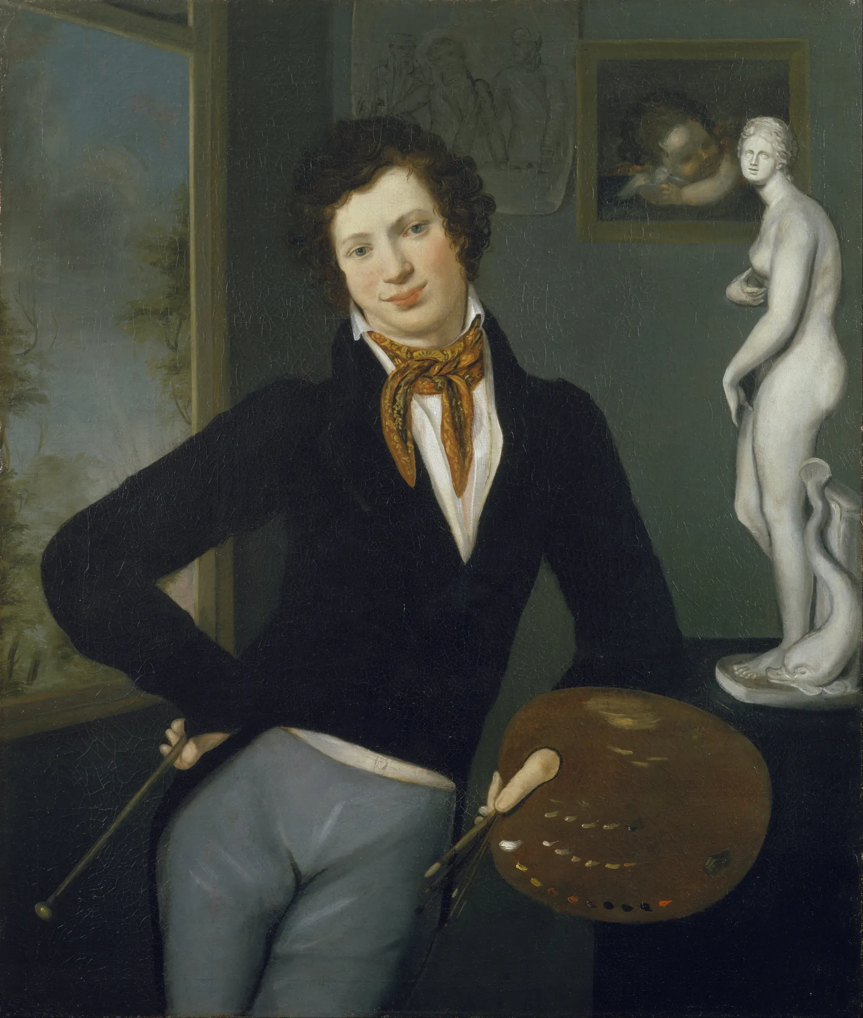 Self-Portrait Self-Portrait by Moritz Daniel Oppenheim. A young artist with curly dark hair holds a palette and brushes in his studio, standing beside a classical sculpture of Venus.