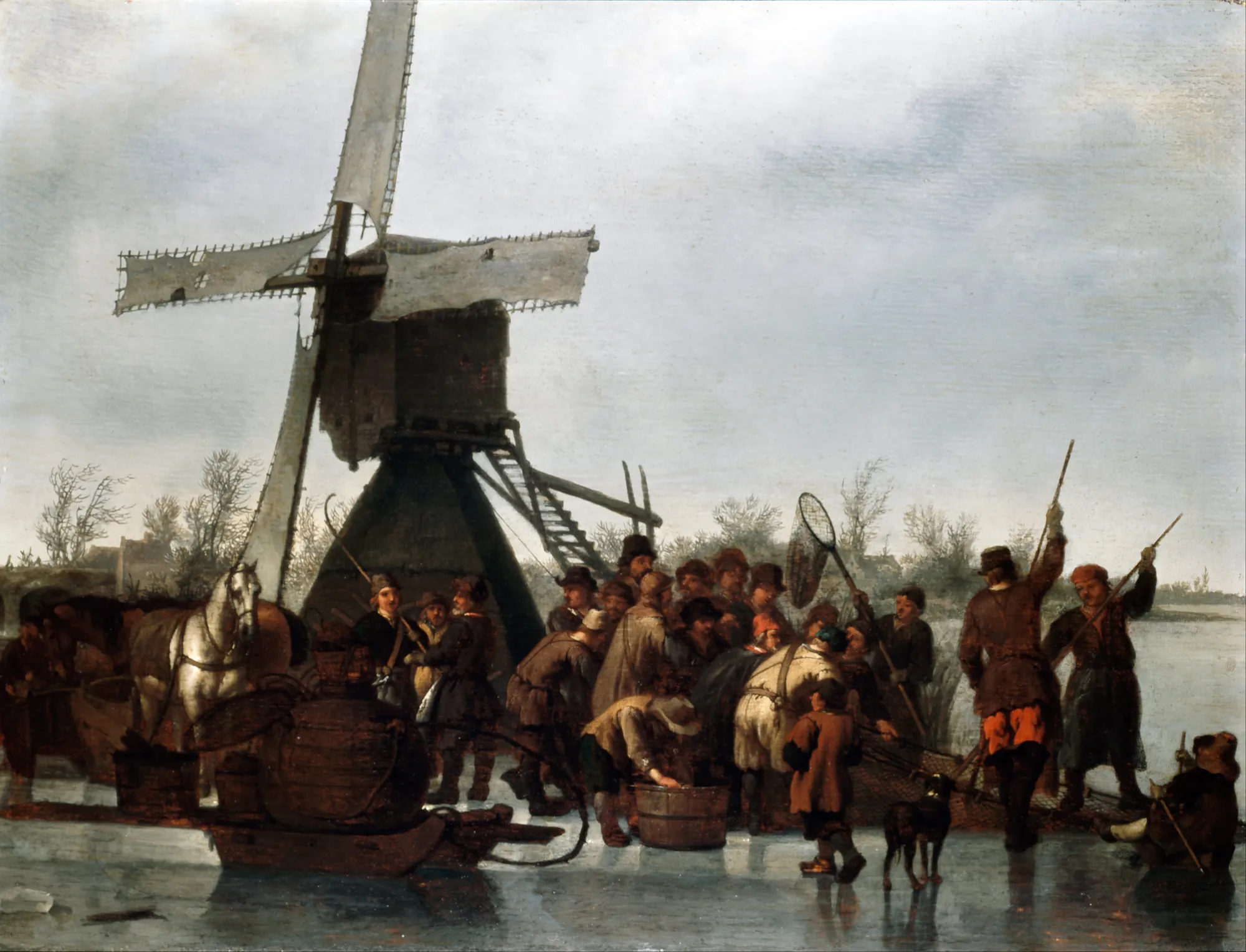 Fishing on the Ice Fishing on the Ice by Abraham van Calraet. A crowd of people, a horse-drawn sled, and a dog are gathered on a frozen river for ice fishing next to a large Dutch windmill.