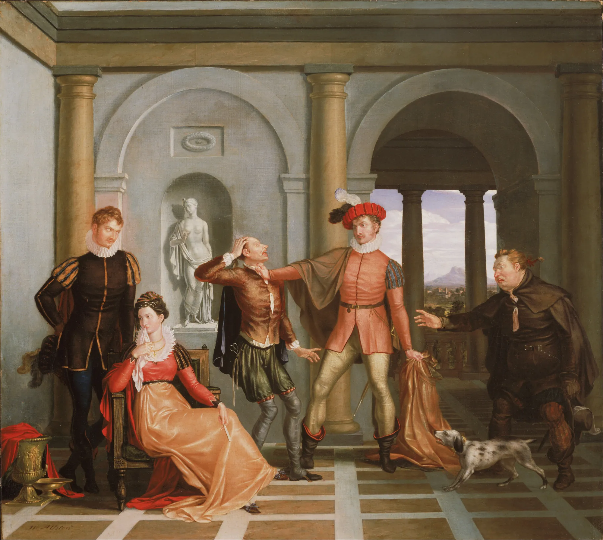 Katharina and Petruchio Katharina and Petruchio by Washington Allston. A theatrical interior scene from Shakespeare's The Taming of the Shrew, featuring figures in colorful Renaissance dress interacting within a classical stone hall.