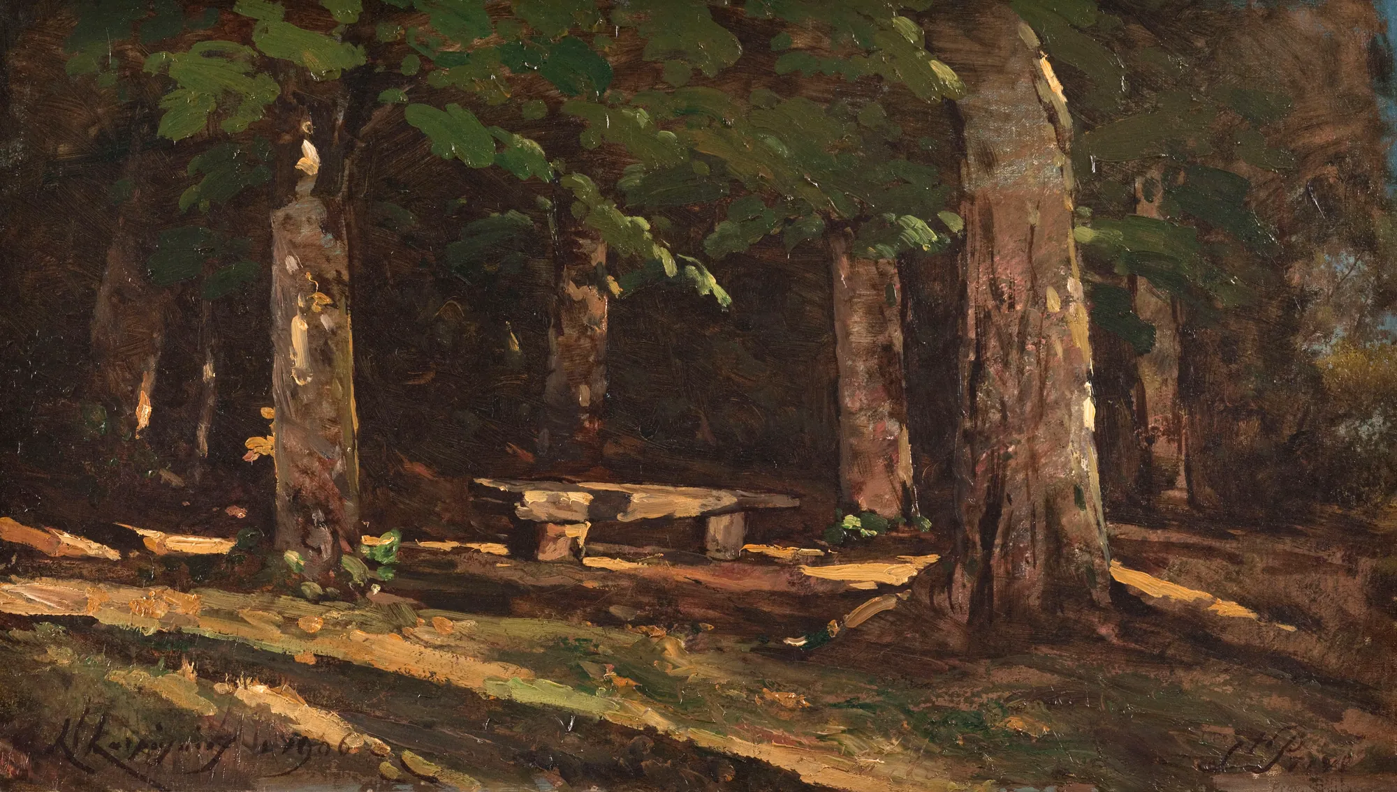 Le banc Le banc by Henri Harpignies. A secluded stone bench sits in the deep shade of a wooded grove, illuminated by patches of dappled sunlight.