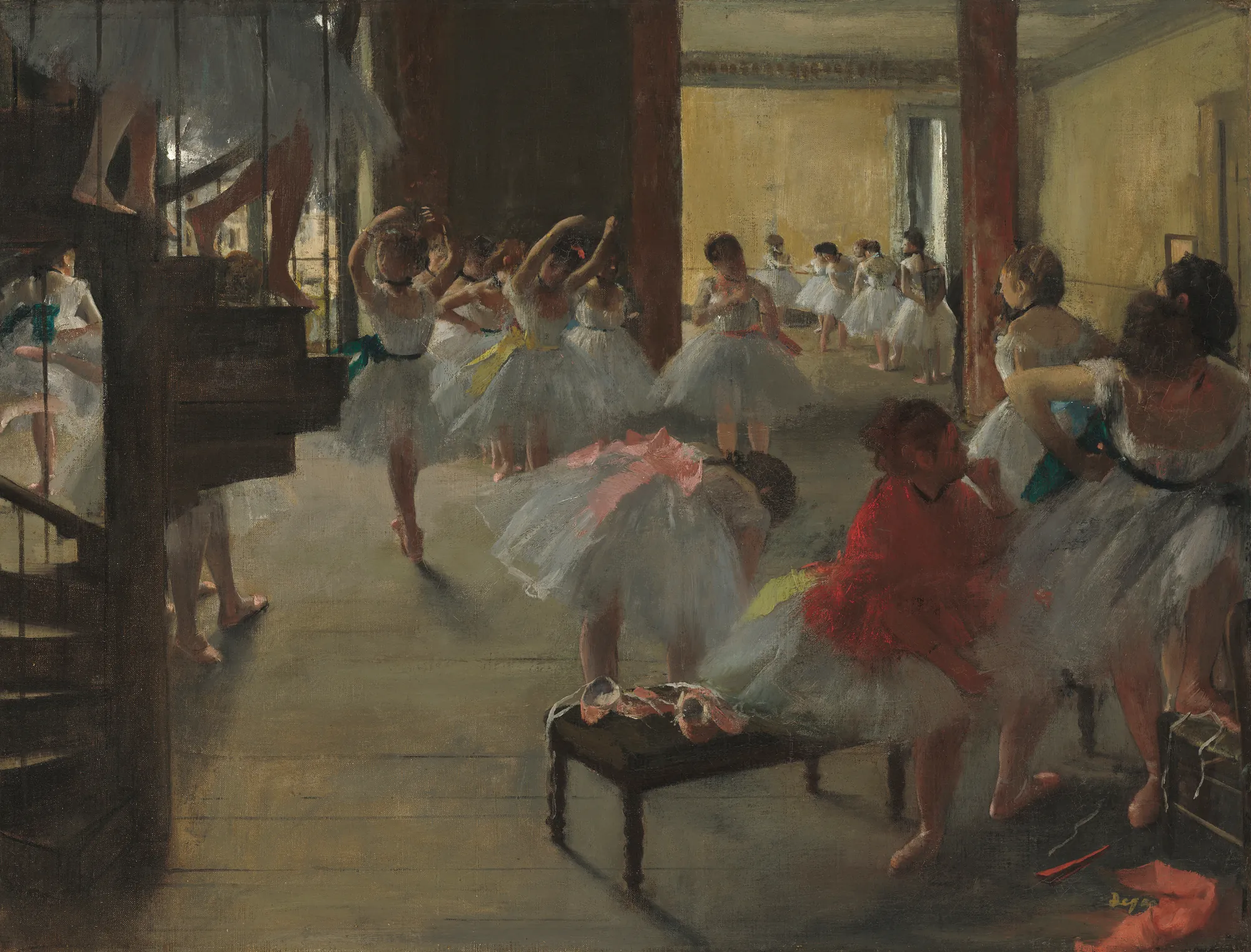 The Dance Class The Dance Class by Edgar Degas. Young ballerinas in white tutus practice and rest in a sunlit dance studio with a spiral staircase on the left.