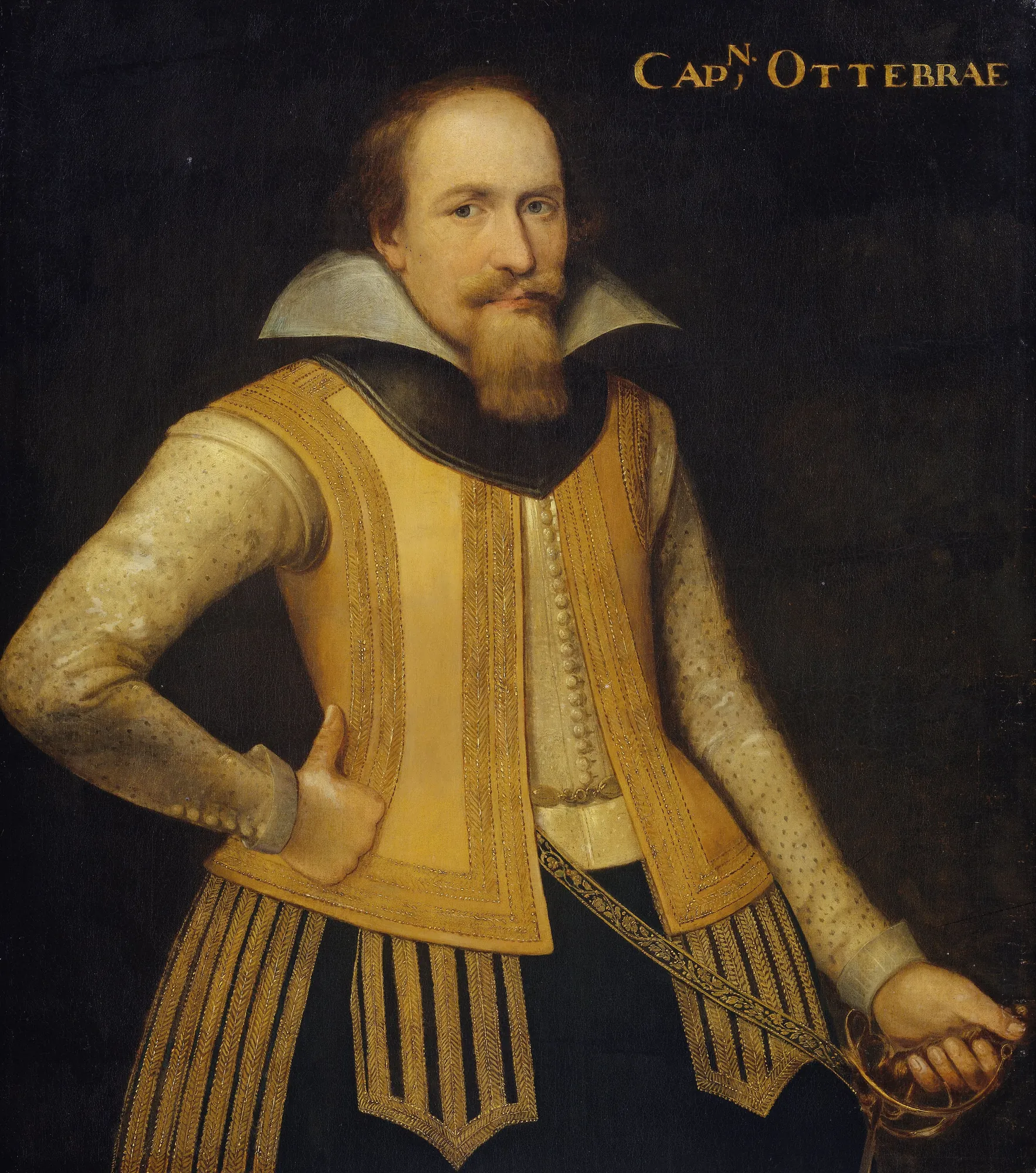 Portrait of Otto Brahe Portrait of Otto Brahe by Unknown Artist. A three-quarter length portrait of a man with a goatee wearing a bright yellow embroidered doublet and a high white collar.