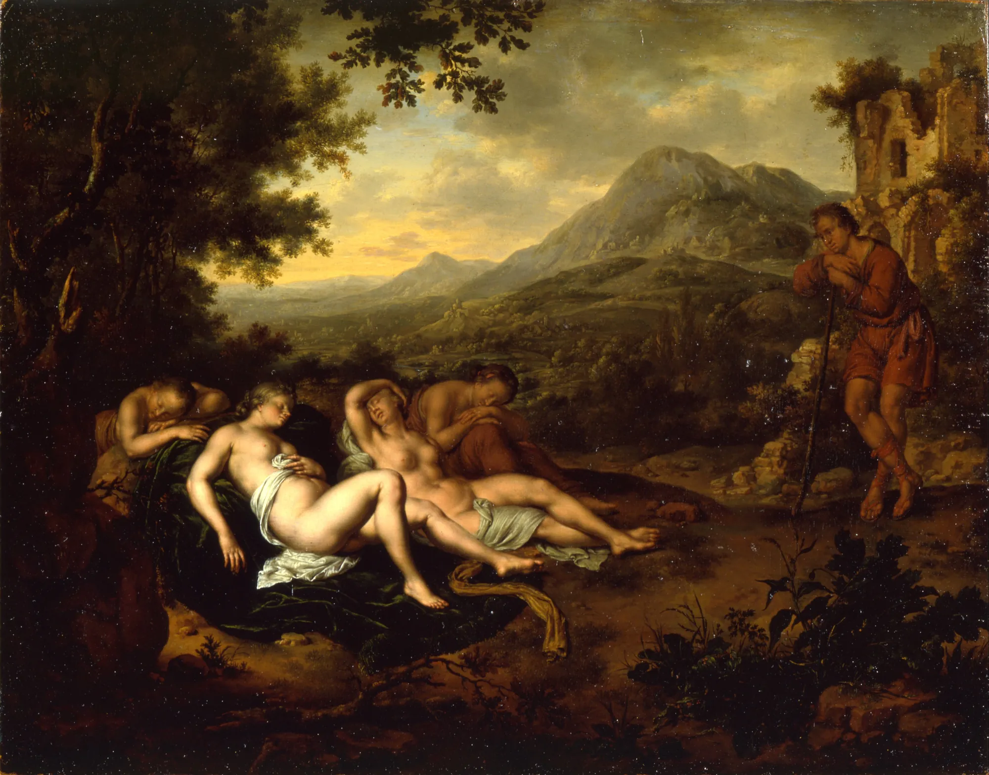 Cimon and Iphigenia Cimon and Iphigenia by Willem van Mieris. In a sun-drenched landscape with mountains and ruins, a young man watches a group of partially nude women sleeping in the shade.