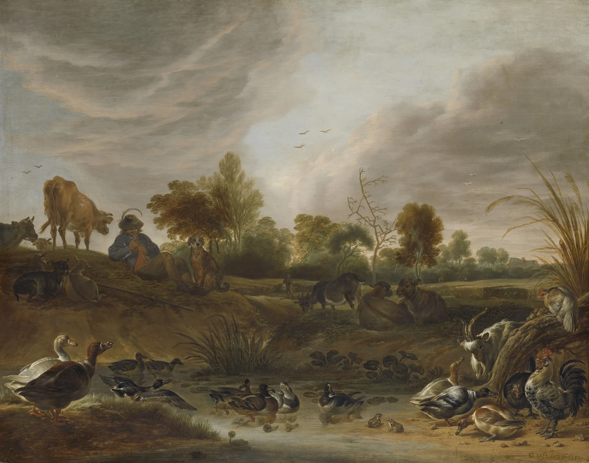 Landscape with Animals Landscape with Animals by Cornelis Saftleven. A peaceful pastoral scene depicting a wide variety of farm animals including ducks, goats, and cows resting near a pond under a large, cloudy sky.