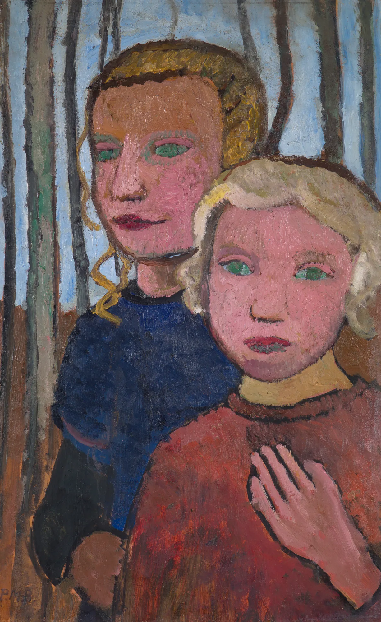 Two Girls in Front of Birch Trees