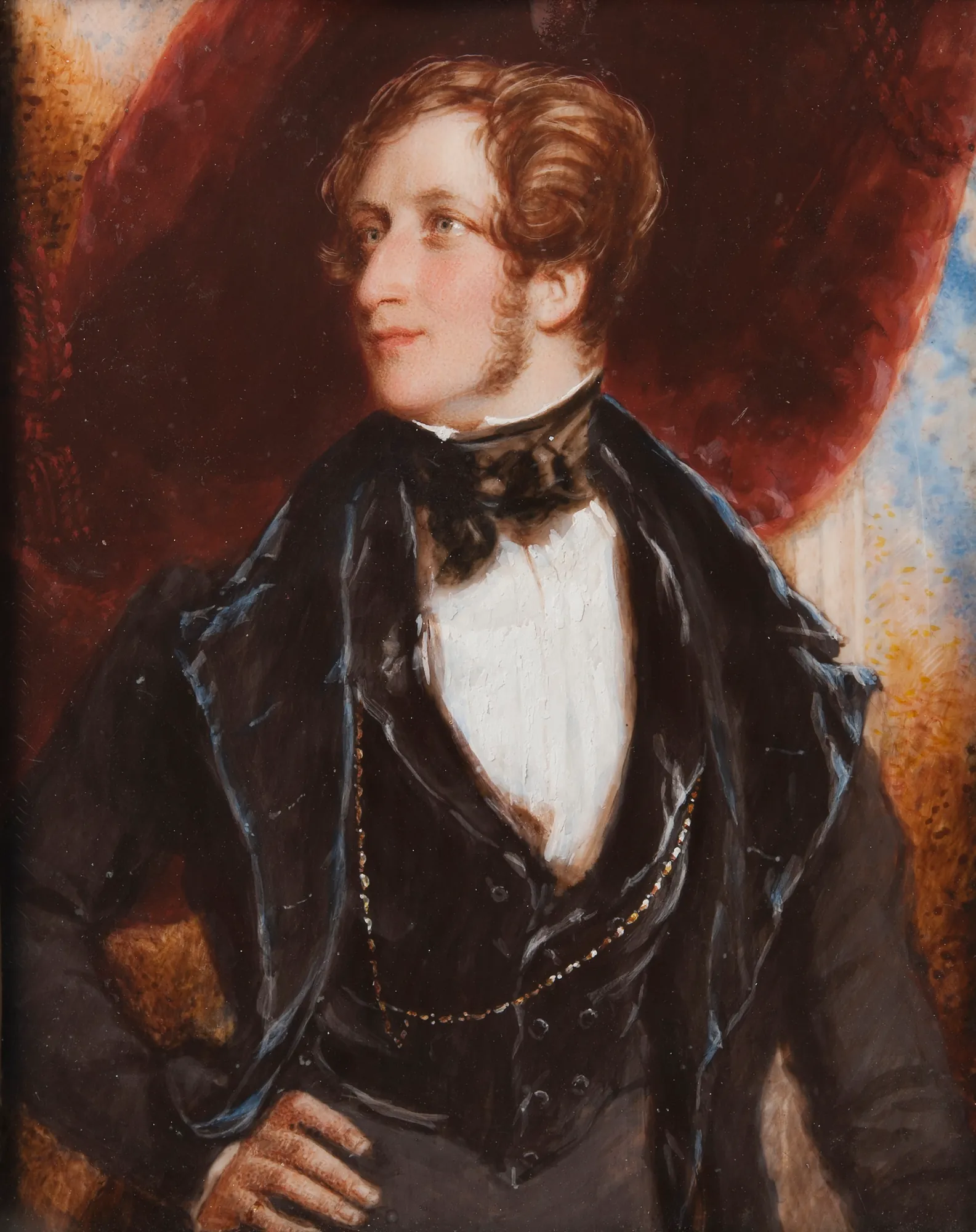 Frederick William Robert Stewart, 4th Marquess of Londonderry Frederick William Robert Stewart, 4th Marquess of Londonderry by Simon-Jacques Rochard. A dignified half-length portrait of a young man in a black coat and white cravat against a red curtain and sky backdrop.