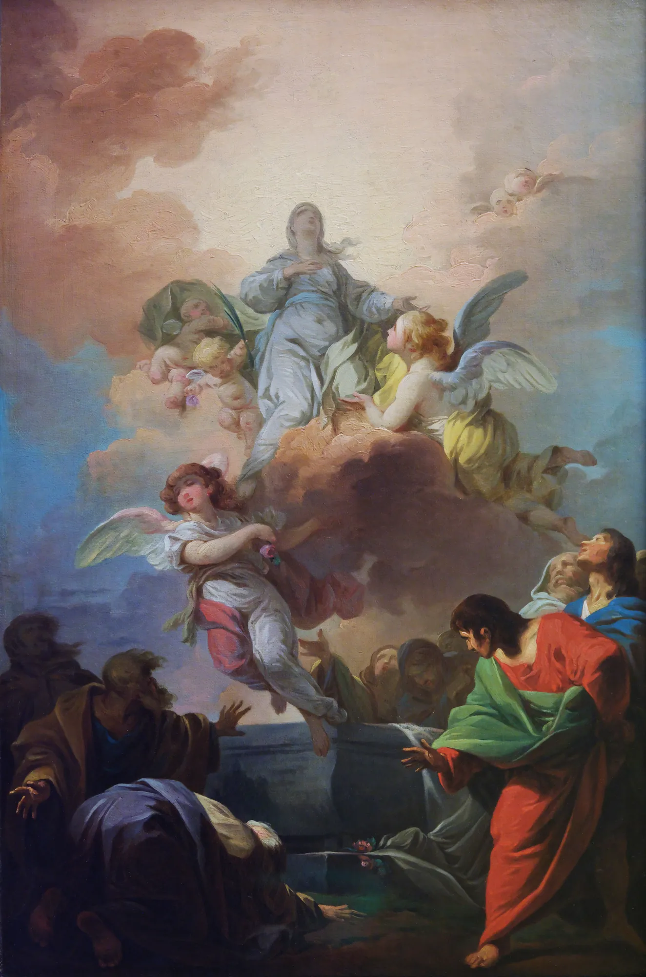The Assumption of the Virgin Mary The Assumption of the Virgin Mary by François-André Vincent. The Virgin Mary ascends toward a bright light in the sky, escorted by angels while apostles gaze up from below.