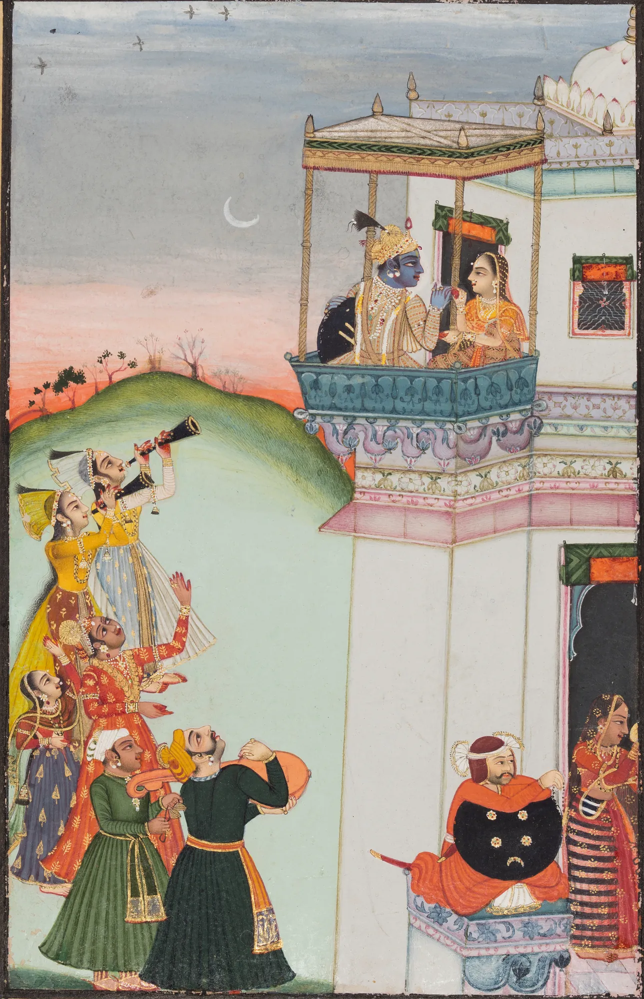 Krishna and Consort on a Palace Balcony with Musicians