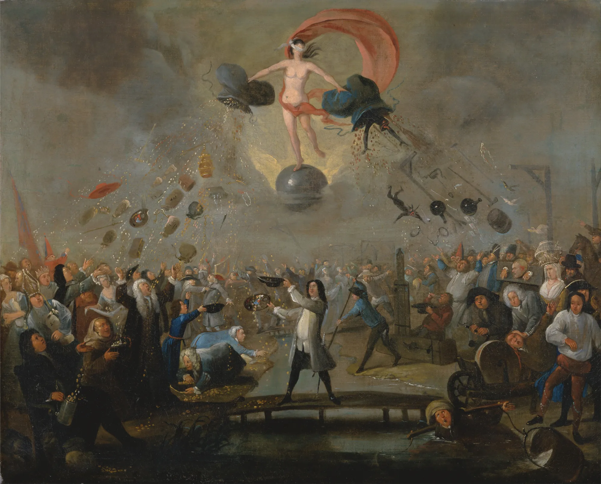 Allegory of Fortune Allegory of Fortune by Balthazar Nebot. A central blindfolded female figure stands atop a globe, showering riches and objects upon a crowded, chaotic landscape of people.