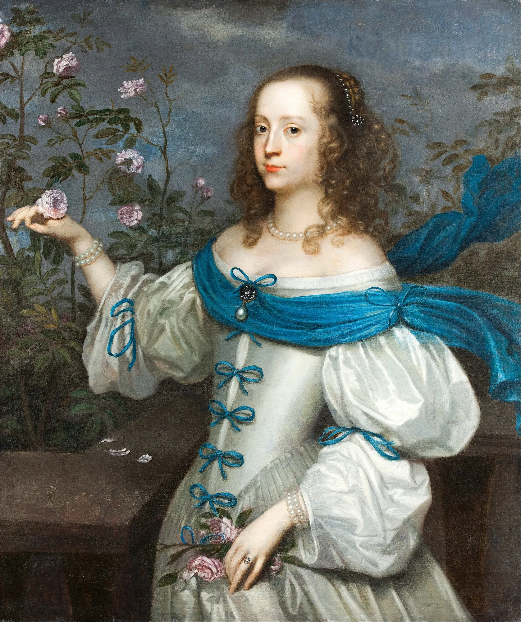 Beata Elisabeth von Königsmarck Beata Elisabeth von Königsmarck by Hendrik Munnichhoven. A three-quarter length portrait of a noblewoman in a white satin gown with blue ribbons and a flowing blue sash, holding pink roses.