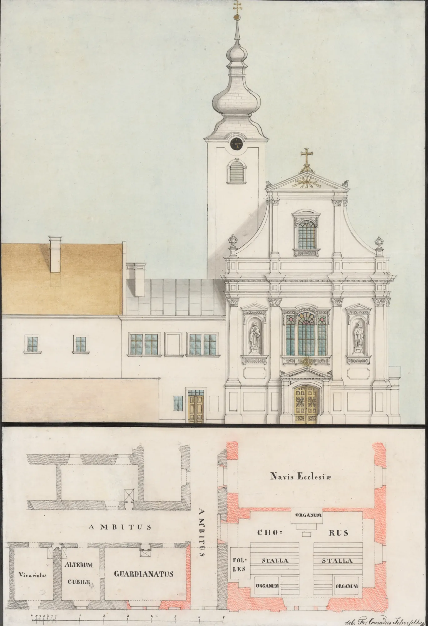Design for a Church Facade and Floor Plan