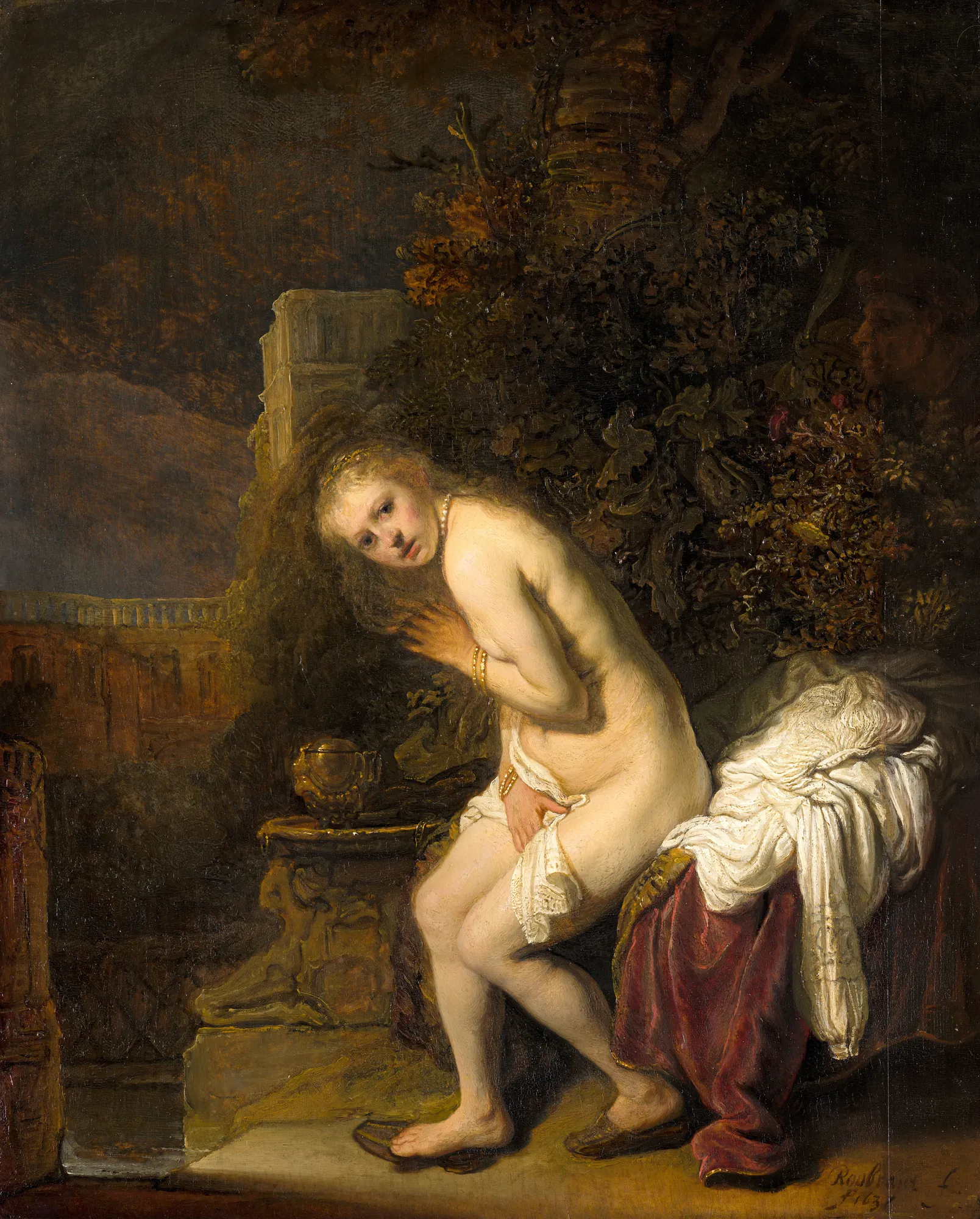 Susanna Susanna by Rembrandt. A nude woman in a dark garden looks toward the viewer with a startled expression while clutching a piece of white fabric.