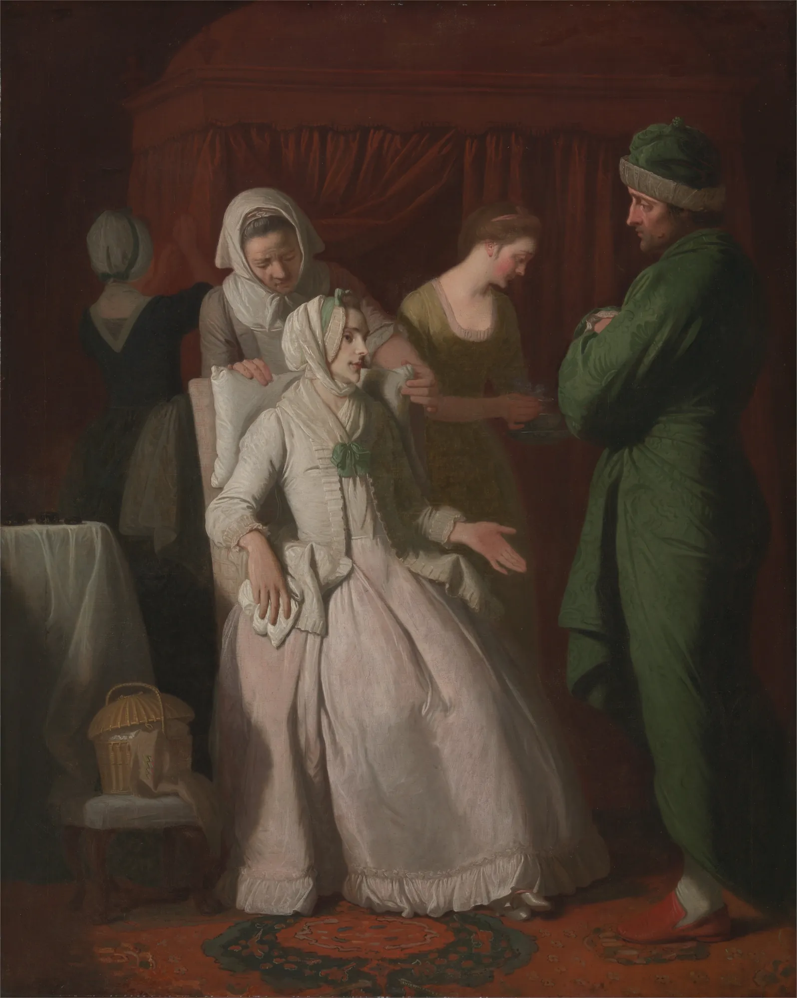 The Virtuous Comforted by Sympathy The Virtuous Comforted by Sympathy by Edward Penny. An 18th-century interior scene featuring a young woman in a pale pink dress being attended to by three other figures in a dimly lit room.