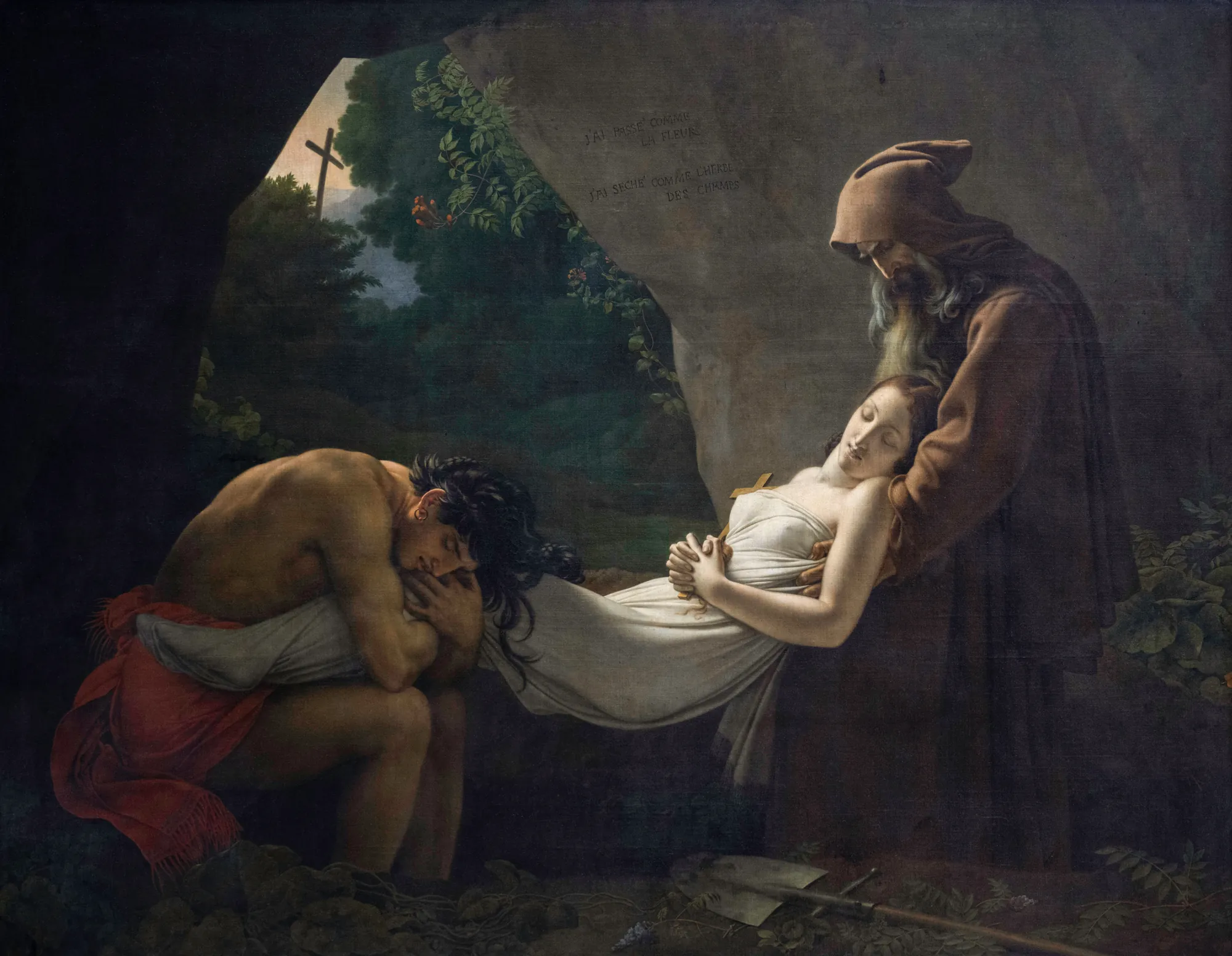 The Entombment of Atala The Entombment of Atala by Anne-Louis Girodet. A poignant scene depicting two men carefully lowering a lifeless young woman into a grave within the shadows of a rocky cave.