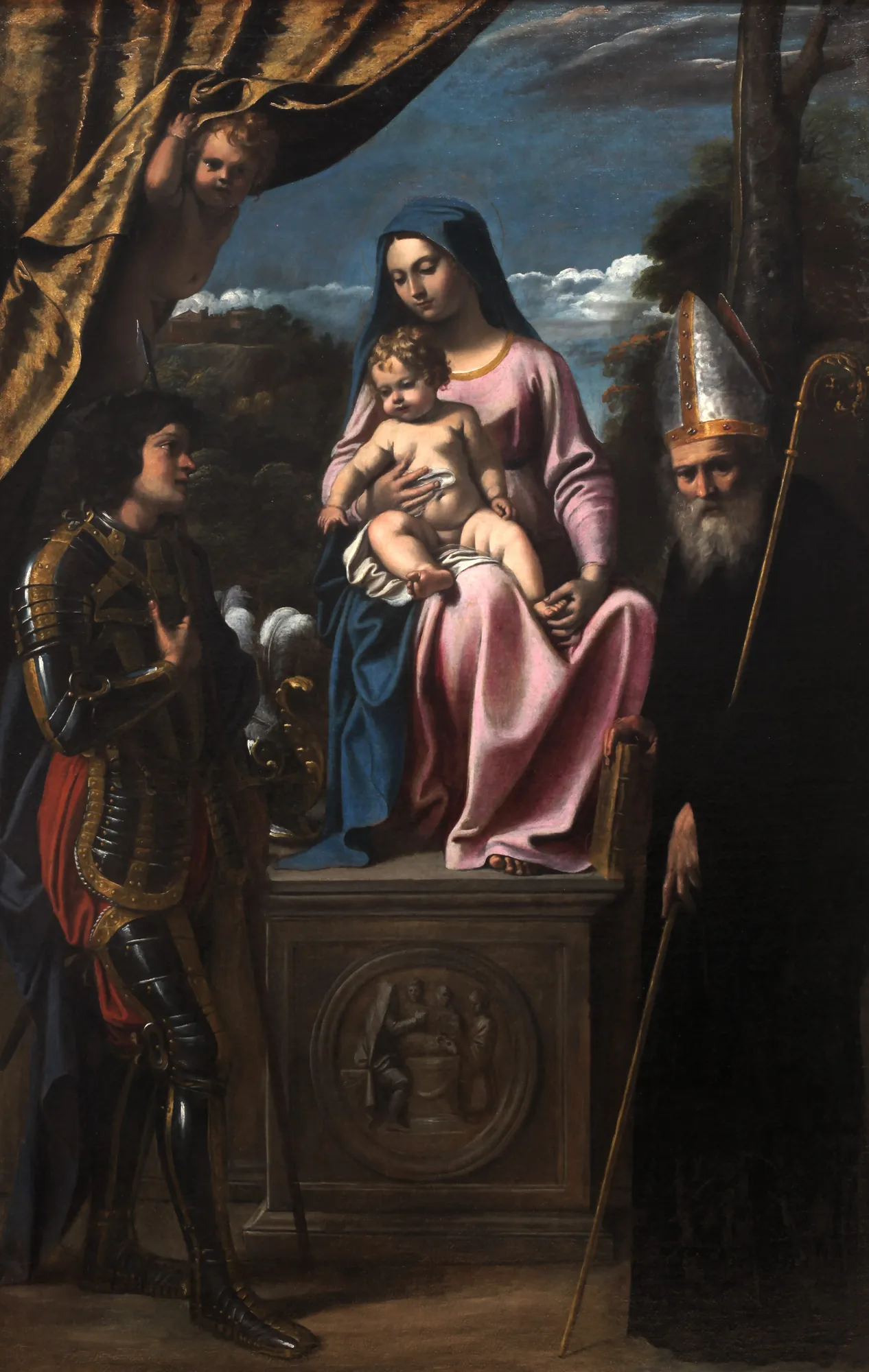 Virgin and Child with Saint Benedict and Saint Quentin Virgin and Child with Saint Benedict and Saint Quentin by Sisto Badalocchio. The Virgin Mary is seated on a pedestal holding the Christ child, flanked by a knight in armor and a saint in clerical robes.