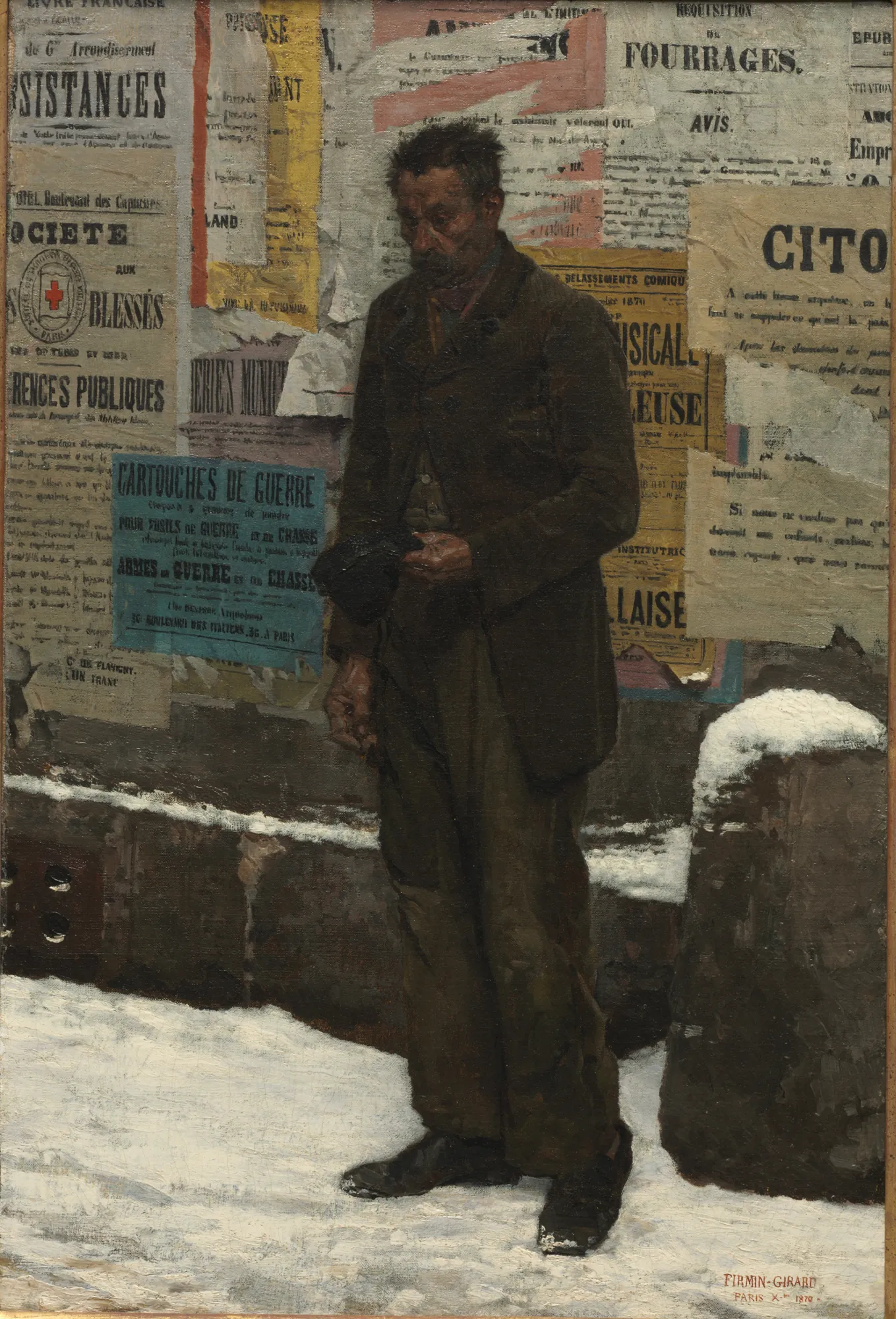 The Veteran The Veteran by Marie-François Firmin-Girard. A somber man in dark 19th-century attire stands before a wall layered with torn French posters in a snowy street scene.