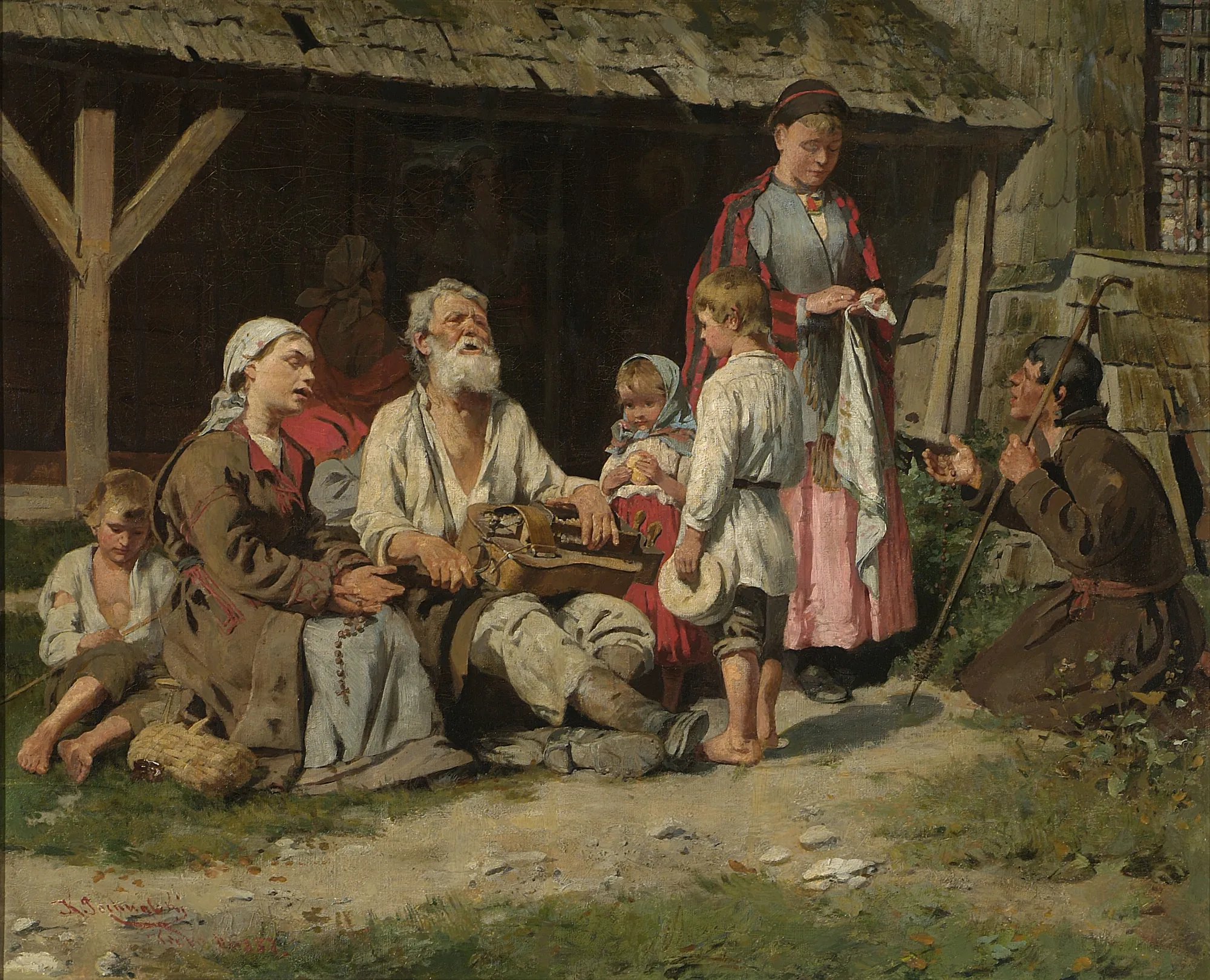A Hurdy-Gurdy Player in front of a Cottage
