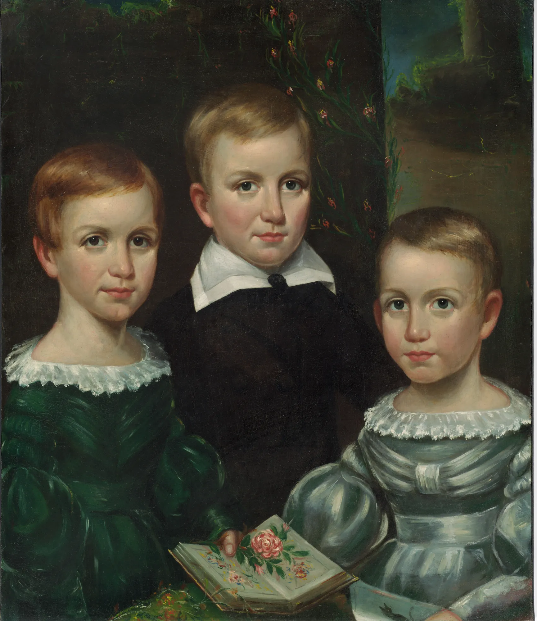 Emily Elizabeth, Austin, and Lavinia Dickinson Emily Elizabeth, Austin, and Lavinia Dickinson by Otis Allen Bullard. A triple portrait of three siblings in Victorian-era attire, with the central figure holding an open book of flowers.