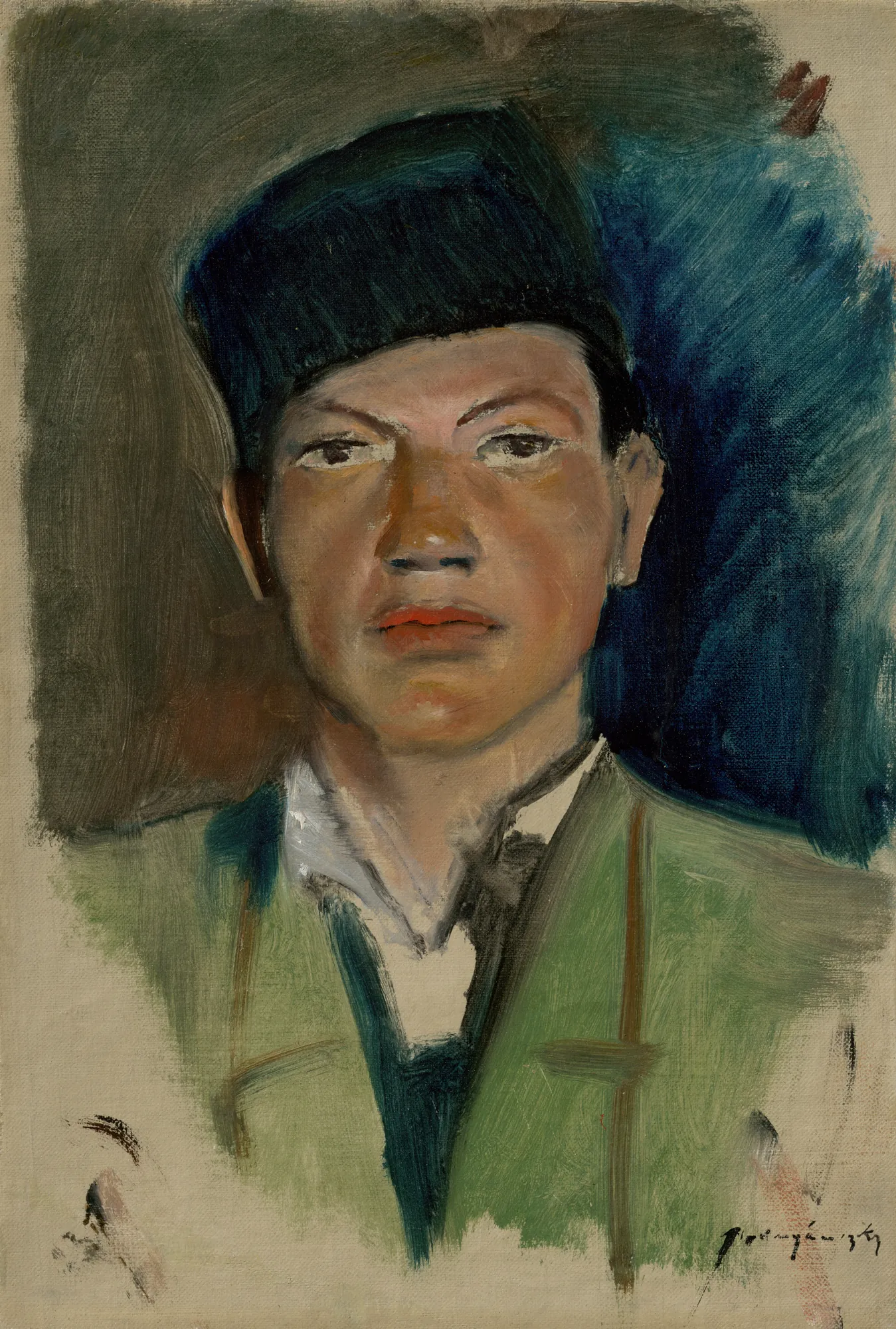 Dreamy Boy Dreamy Boy by László Mednyánszky. A portrait of a young man wearing a dark cap and a green jacket against a textured teal and grey background.