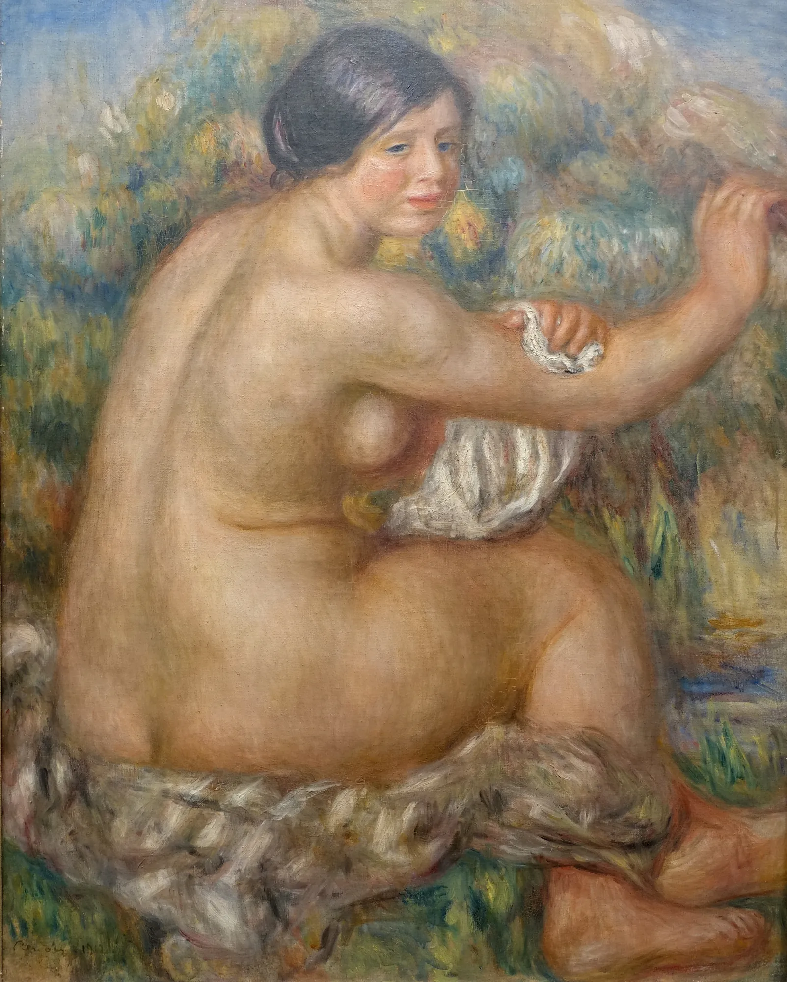 Bather Drying her Right Arm Bather Drying her Right Arm by Pierre-Auguste Renoir. A large seated female nude in profile, drying her arm with a white cloth against a soft, dappled background of greens, blues, and yellows.