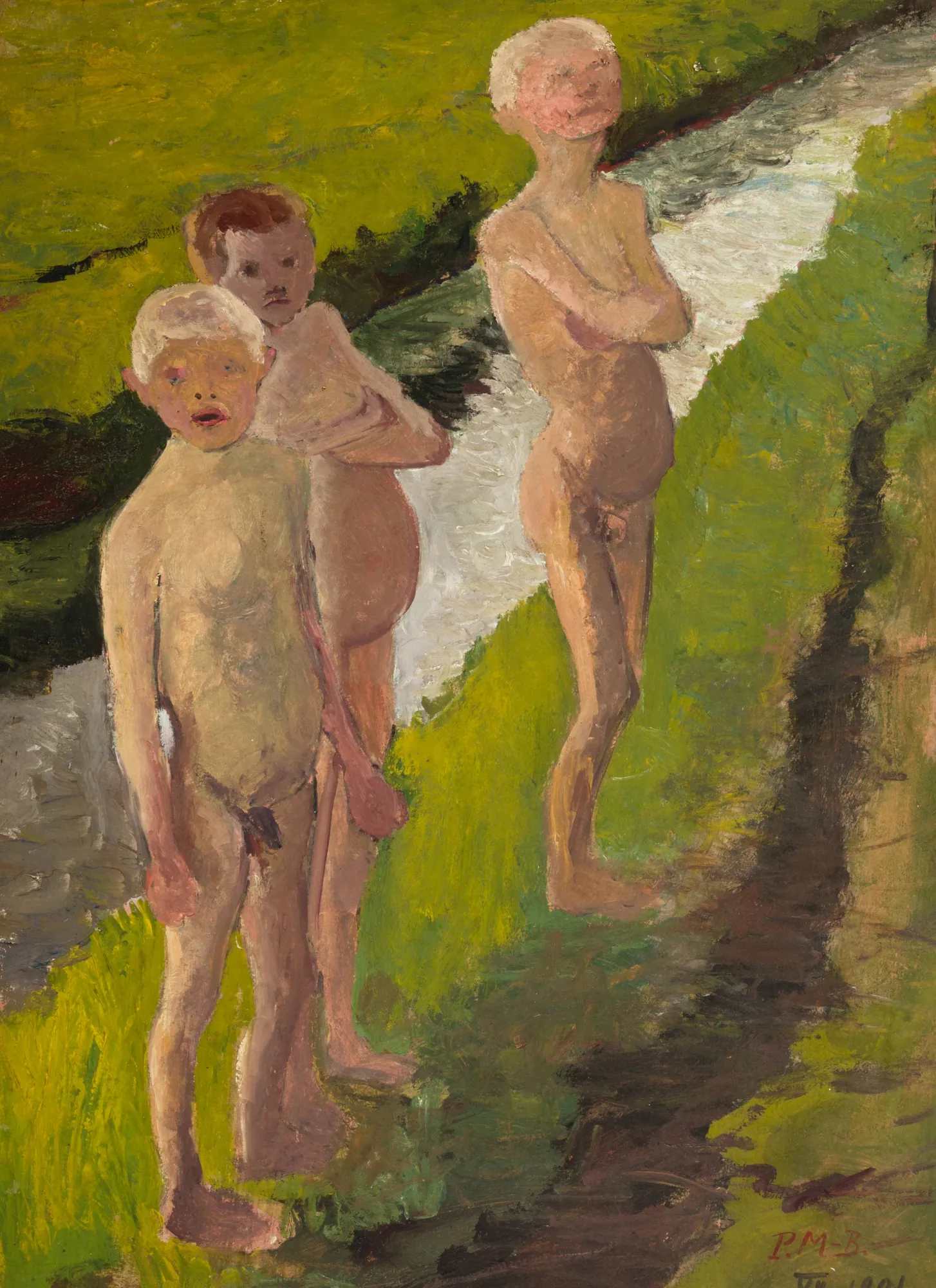 Three Bathing Boys by the Canal Three Bathing Boys by the Canal by Paula Modersohn-Becker. Three young boys are depicted nude standing along the grassy bank of a white-water canal in an expressionist landscape.