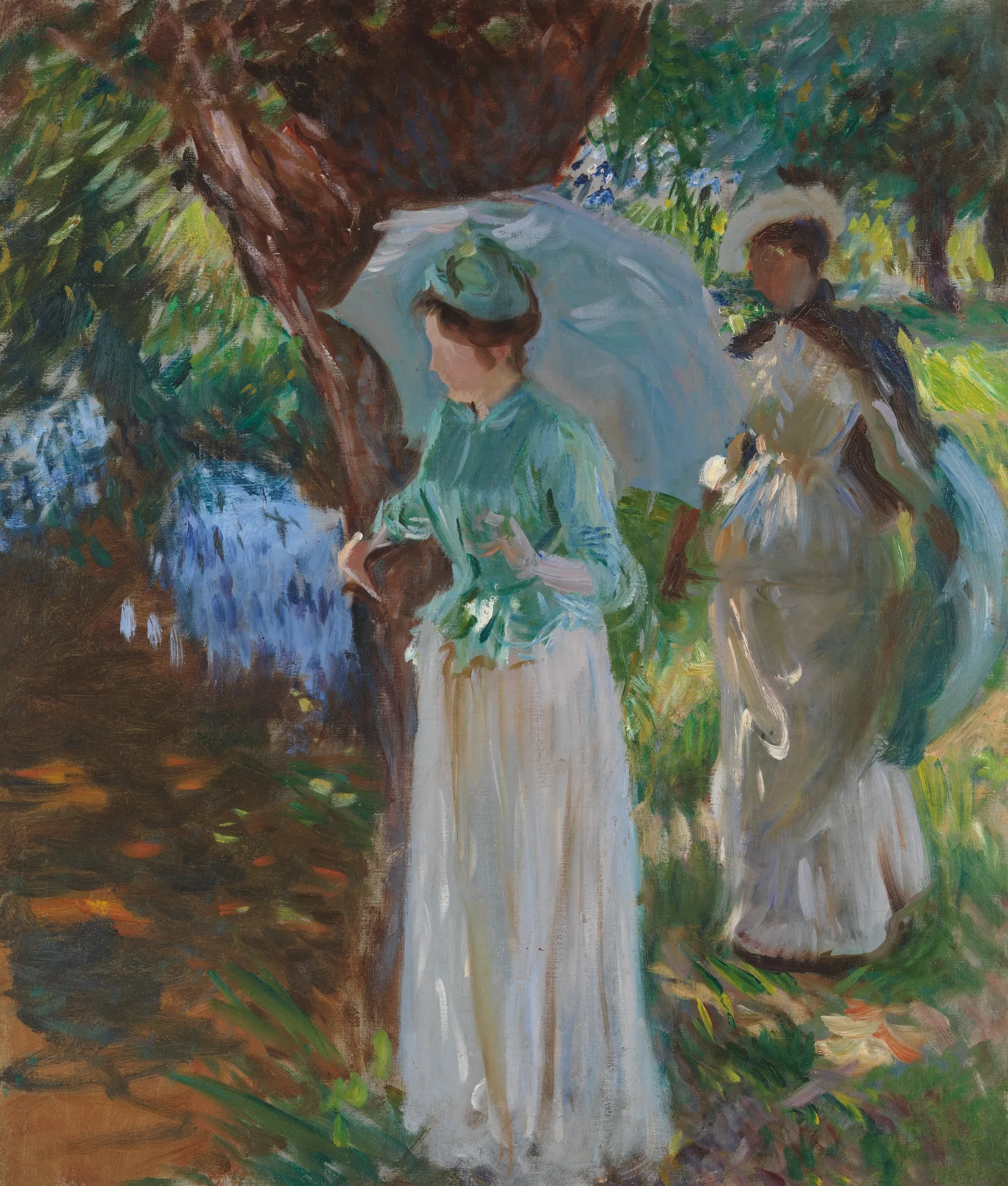 Two Girls with Parasols Two Girls with Parasols by John Singer Sargent. An Impressionist oil painting featuring two women in light summer dresses and hats strolling through a sun-dappled garden with parasols.