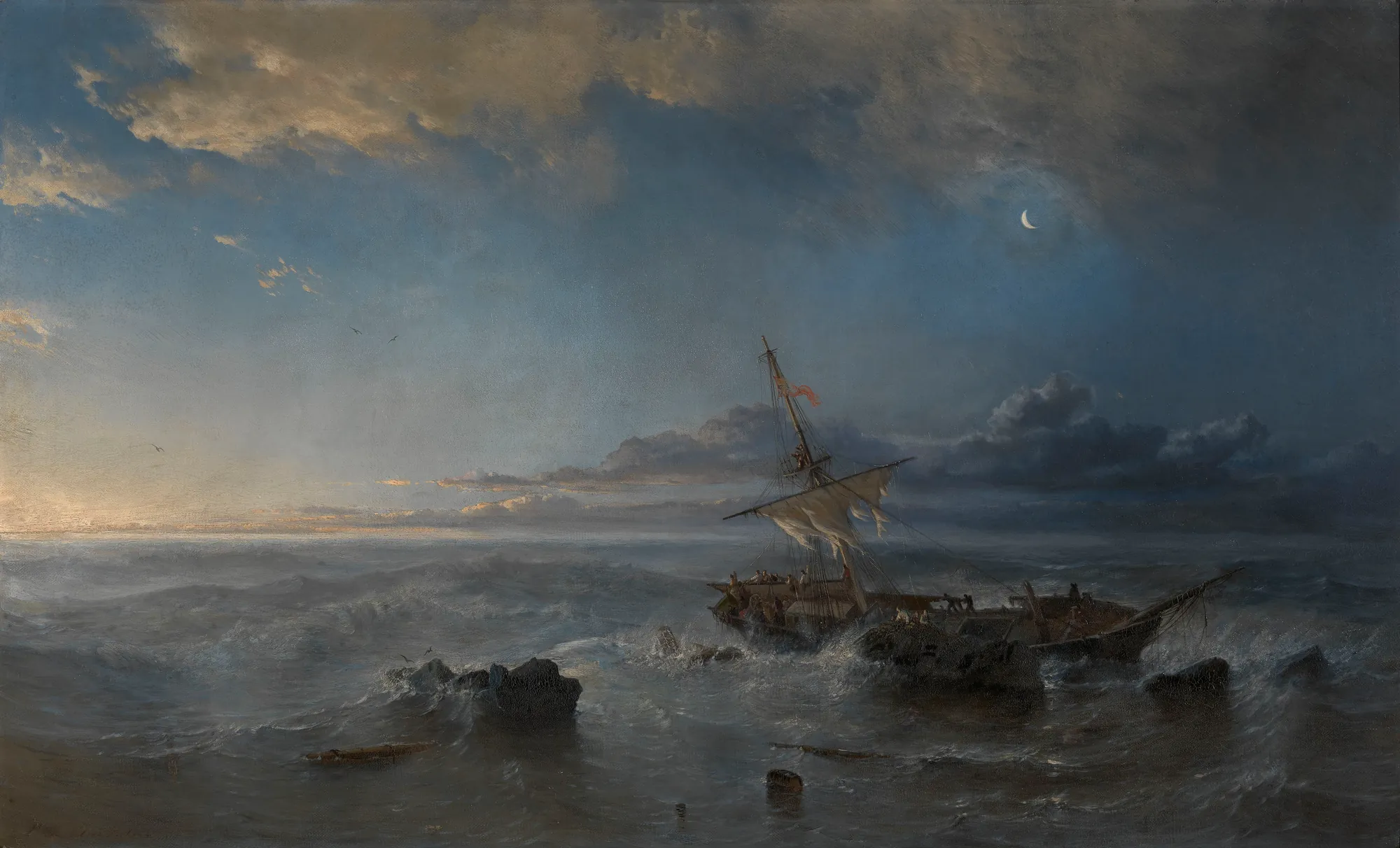 The Day after the Shipwreck The Day after the Shipwreck by Paul Jean Clays. A damaged wooden sailing vessel with tattered masts drifts in turbulent ocean waves under a moonlit and sun-streaked twilight sky.