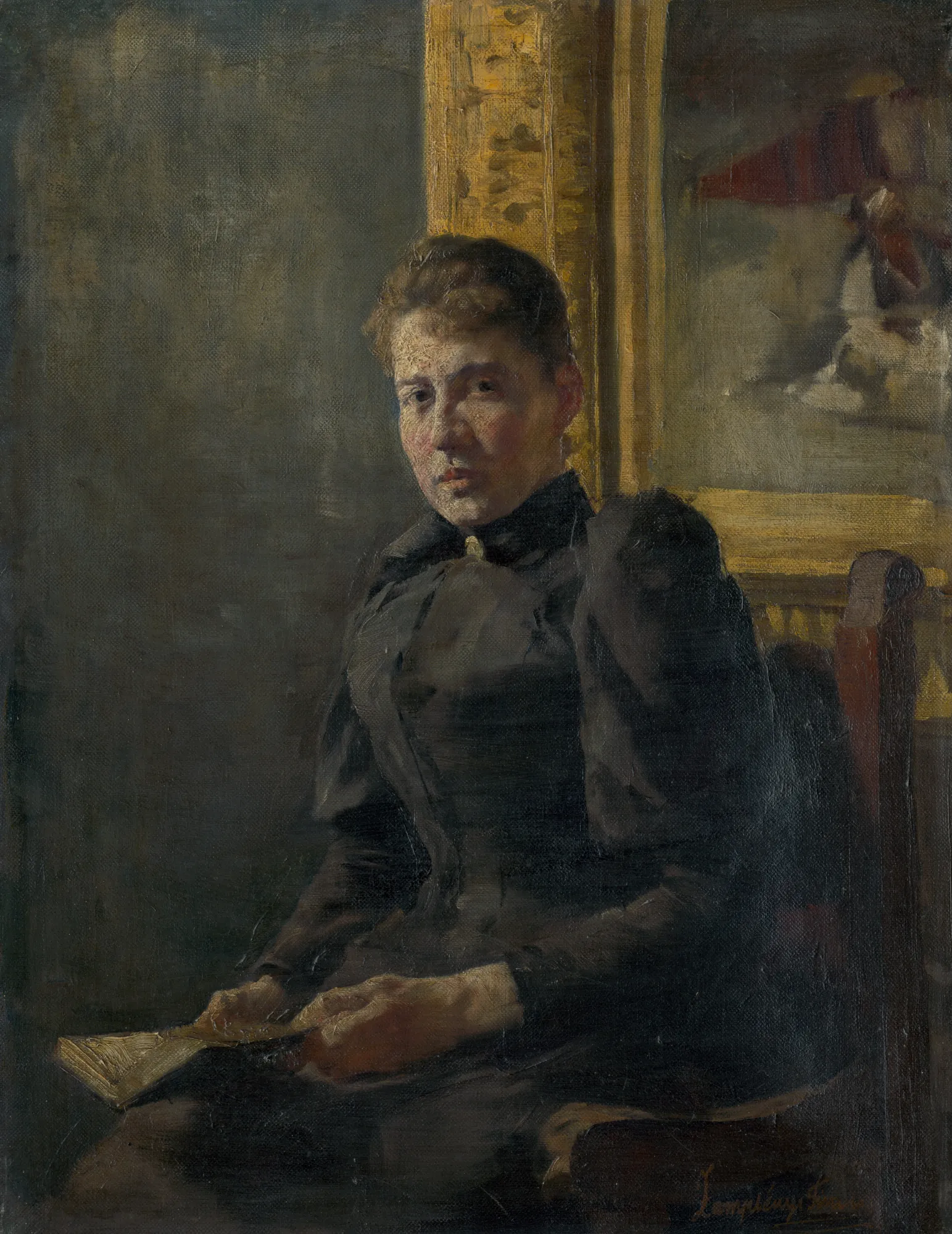 Portrait of a Lady Portrait of a Lady by Tivadar Zemplényi. A seated woman in a dark high-collared dress holds a book, positioned against a background featuring an ornate gilded frame.