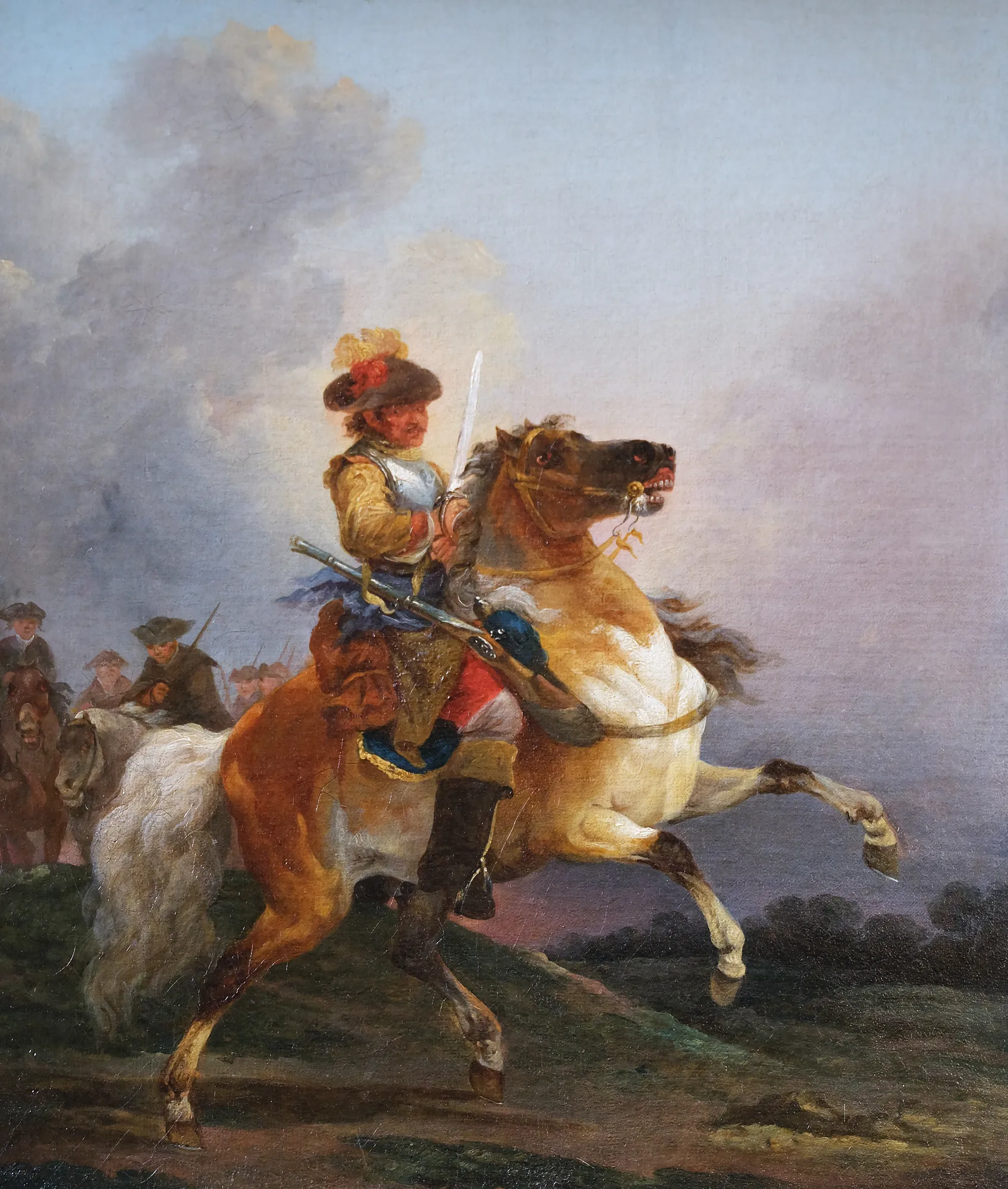 Cuirassier Galloping Cuirassier Galloping by Francesco Giuseppe Casanova. A cavalry soldier in armor and a plumed hat rides a powerful brown and white horse at a gallop across a dark landscape.