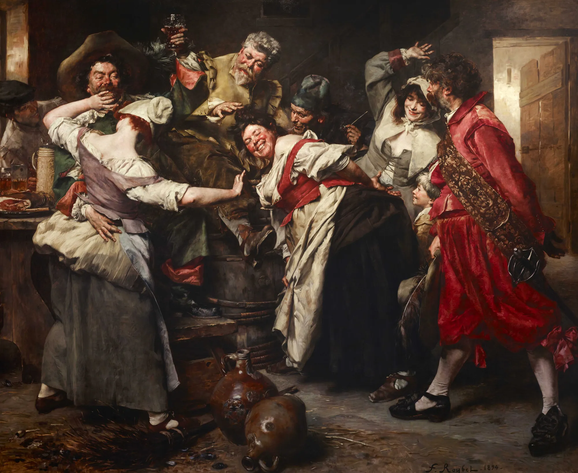 La Main Chaude La Main Chaude by Ferdinand Roybet. A spirited group of figures in 17th-century style dress engaged in a lively game in a warm, tavern-like interior.