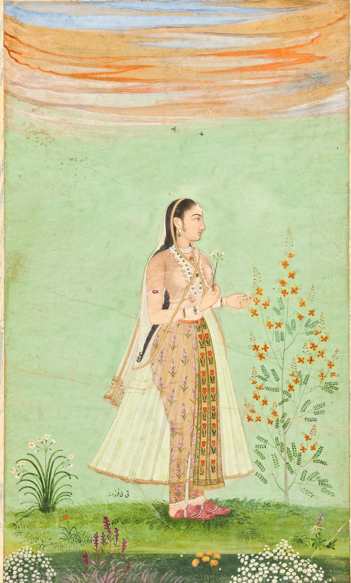 Bibi Ferzana Bibi Ferzana by Unknown Artist. A profile portrait of a woman standing in a garden with delicate floral plants, set against a soft green landscape and a layered golden sky.