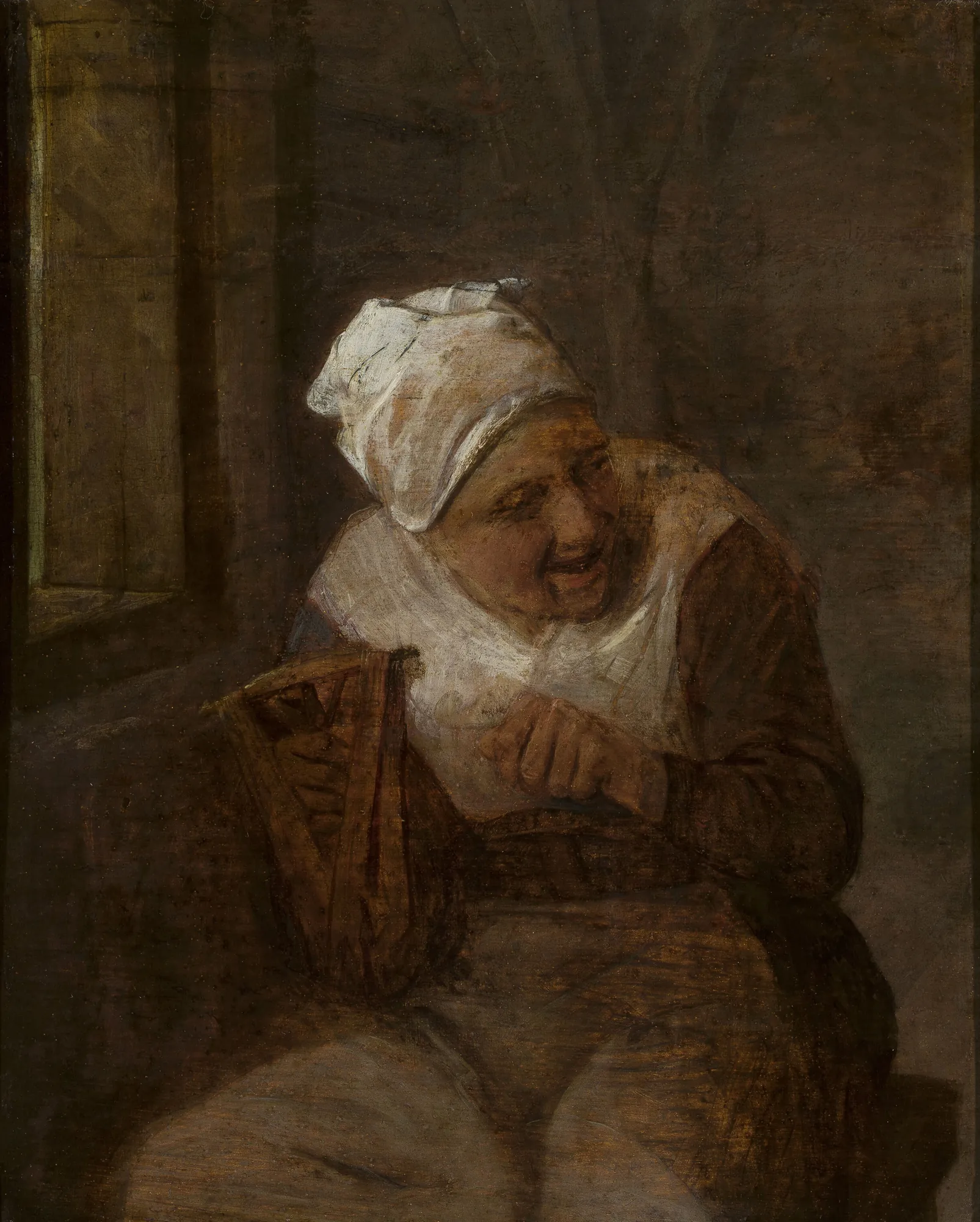 Spinning Woman at the Window Spinning Woman at the Window by Adriaen van Ostade. An elderly woman wearing a white headscarf is depicted in profile, focused on her spinning work near a dark window.