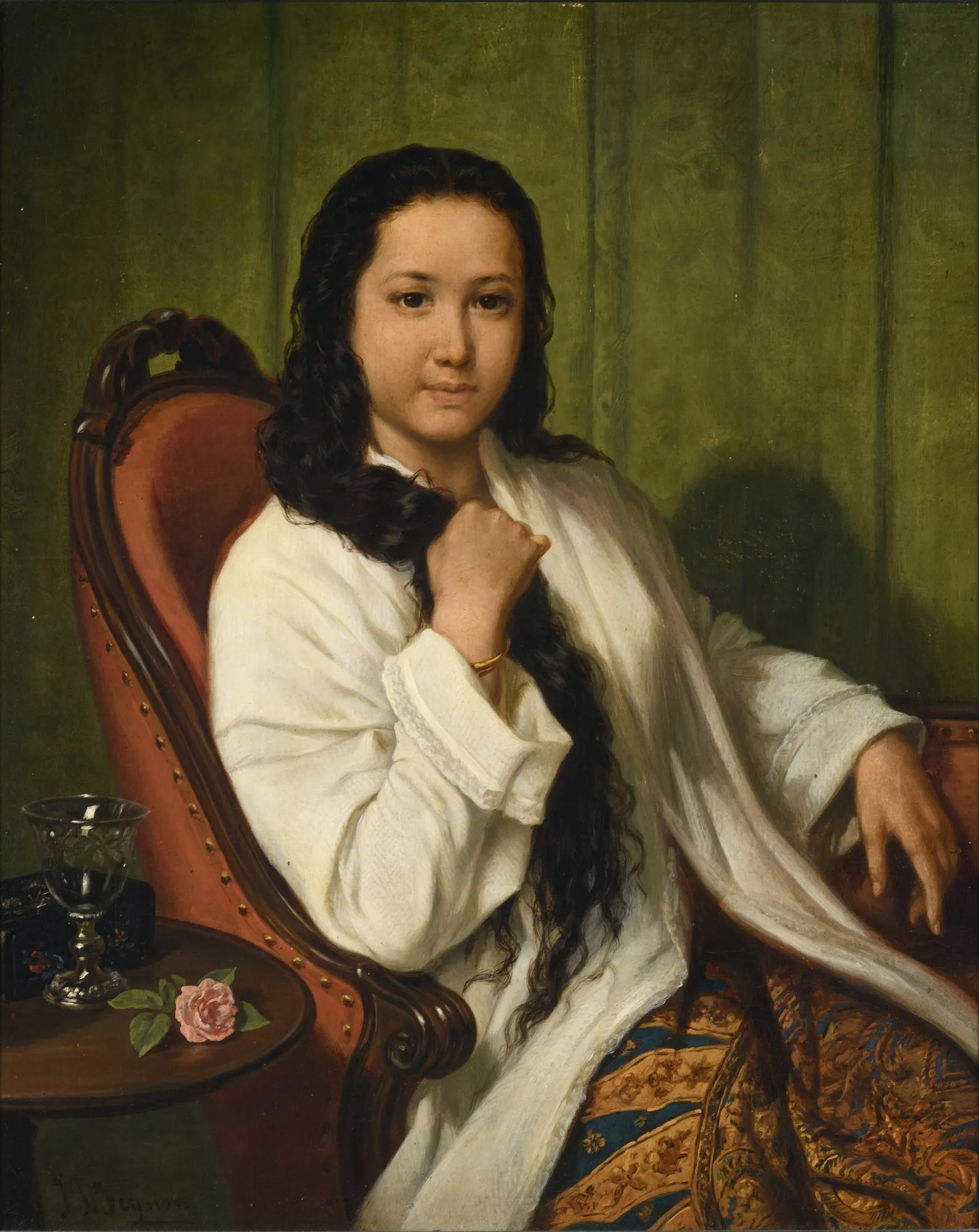 Wilhelmina Margaretha Martherus Wilhelmina Margaretha Martherus by Jan Daniel Beynon. A 19th-century portrait of a young woman with long dark hair, seated in a red armchair wearing a white robe and patterned sarong.